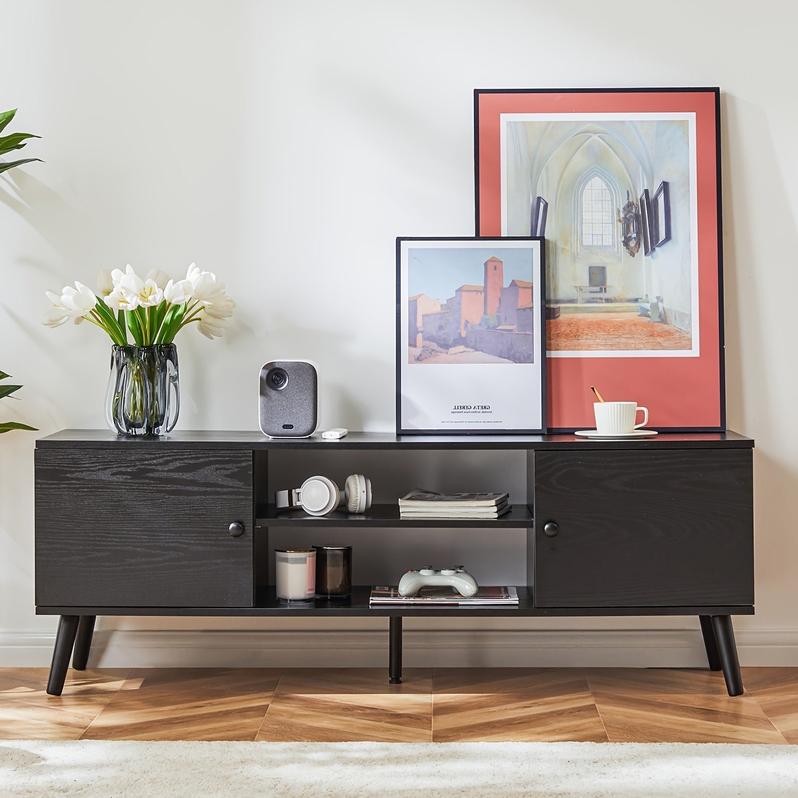 1pc Mid-Century Modern TV Stand with Cable Management Hole, Hardwood and Artificial Board Construction, Spacious Storage for Home and Office Use