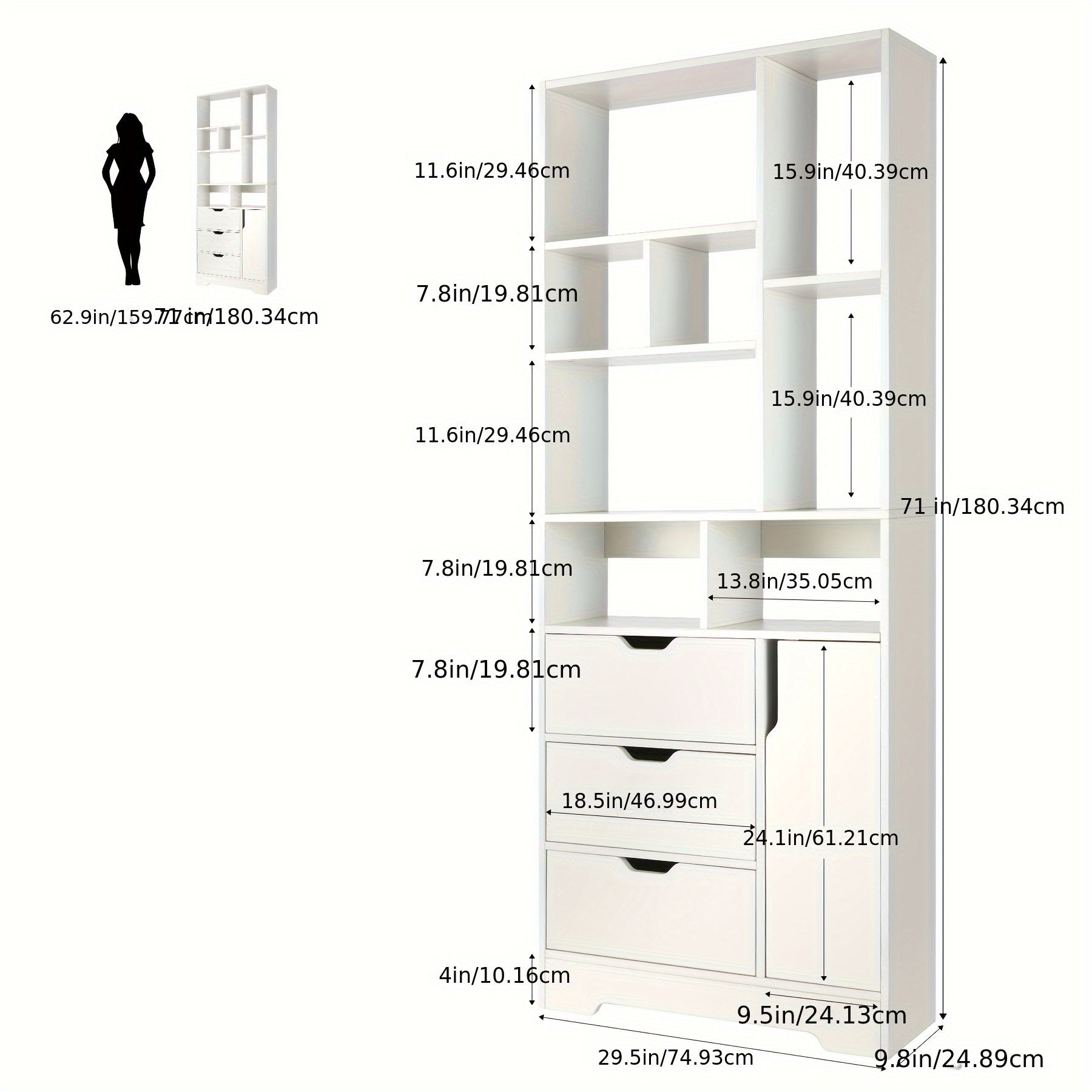 180cm Bookcase with Door and 3 drawers, Bookshelf for living Room Home Office