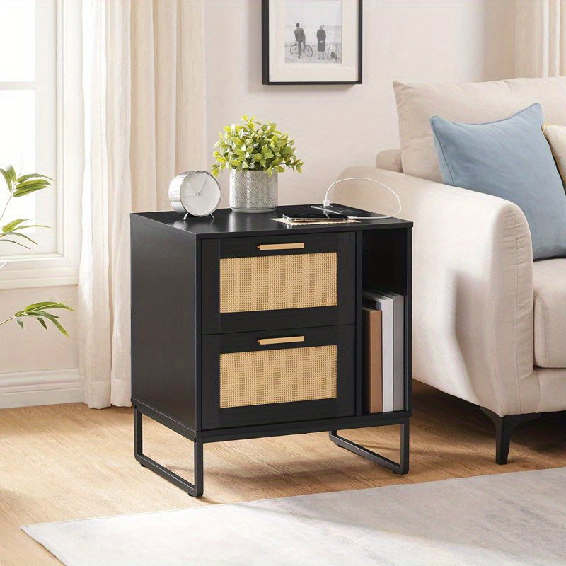 Bedside table with charging station, side table with rattan decoration drawers, modern side table with 2 drawers, fashionable sofa side table, multiple charging ports, metal legs, sofa bedside table, bedroom bedside table, st