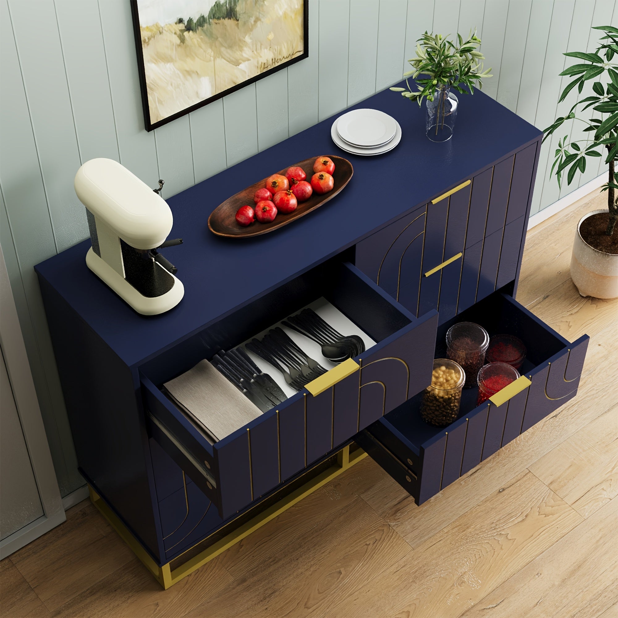 Elegant 122cm Dark Blue & Golden Modern Wooden Dresser - Versatile File Storage Cabinet with 6 Drawers, Easy Assembly, Durable Construction for Bedroom, Living Room & Office - Ideal Housewarming Gift for Home Decor Enthusiasts,