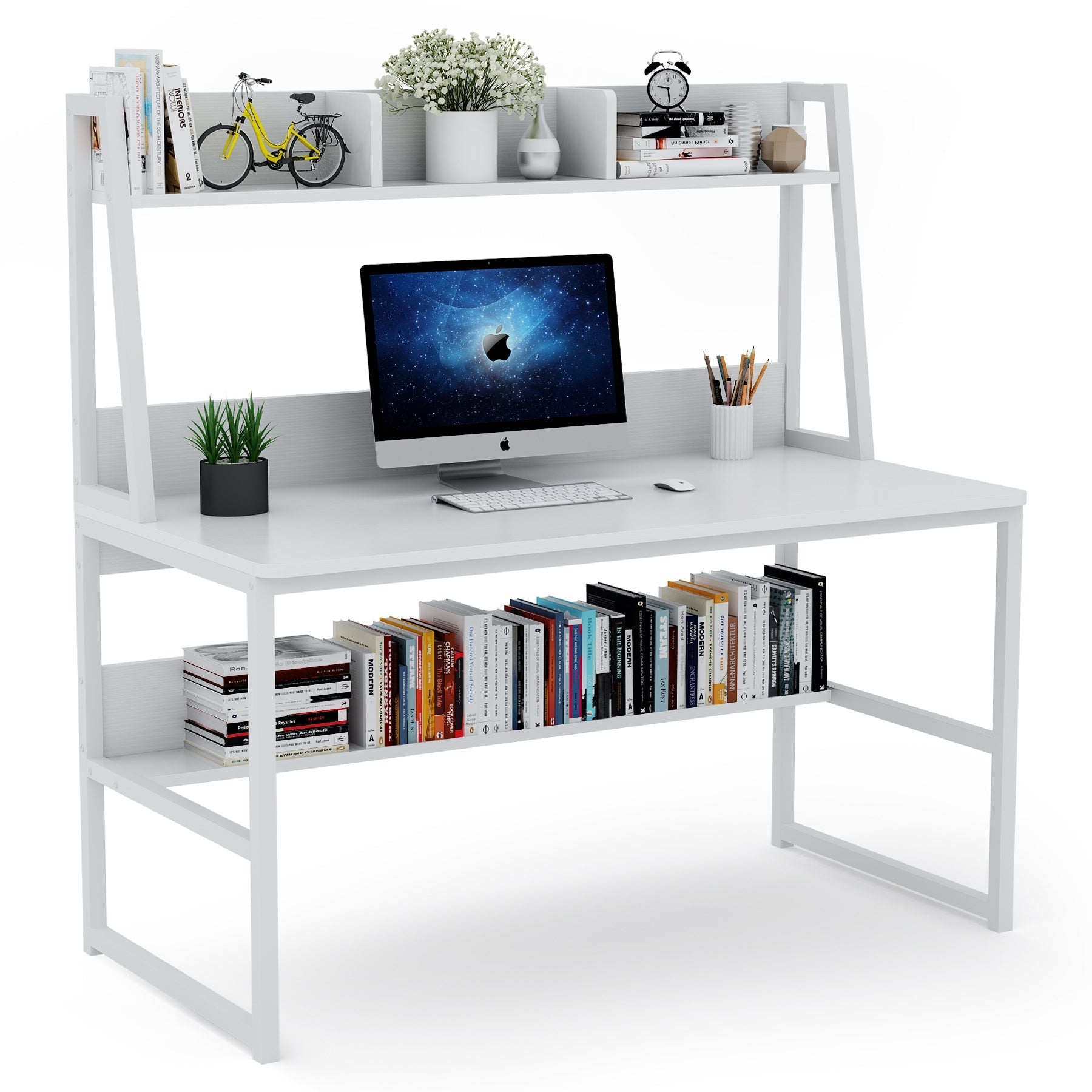 Modern Computer Desk with Hutch, 120 cm Office Desk with Storage Shelves