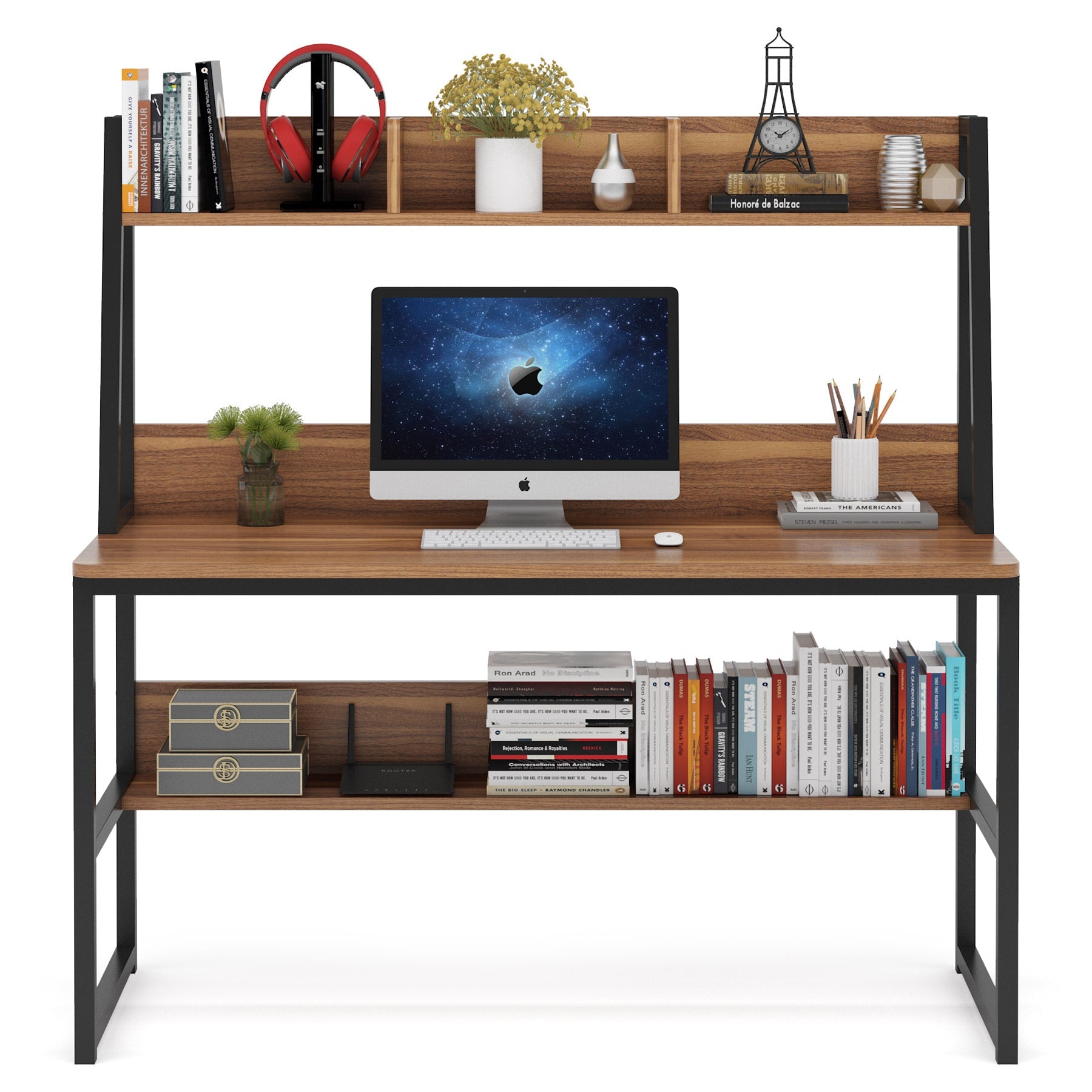 Modern Computer Desk with Hutch, 120 cm Office Desk with Storage Shelves