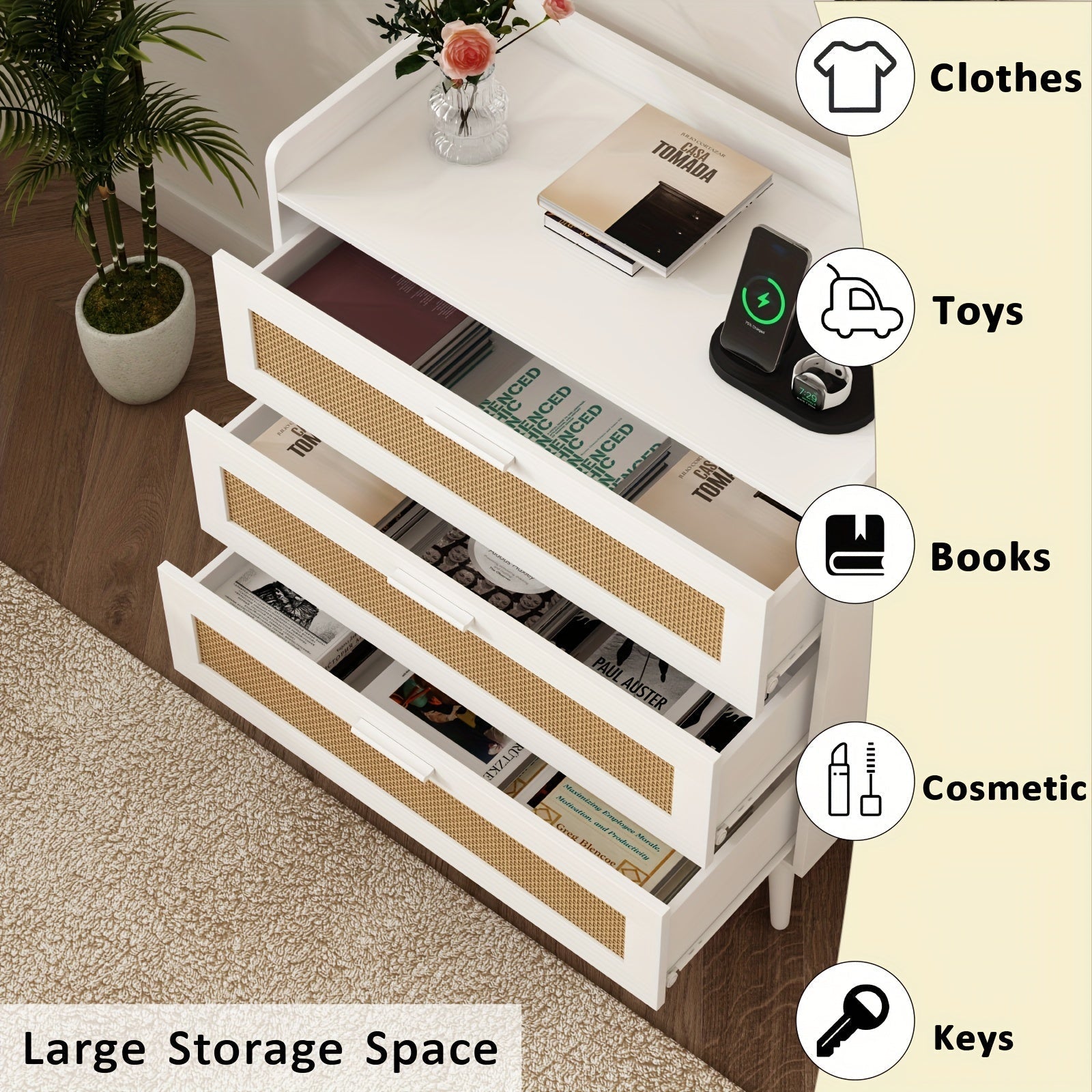 3 Drawer With Power Outlets, Rattan Chest Of Dressers For Bedroom, Wooden Dresser For Bedroom, Living Room, Hallway