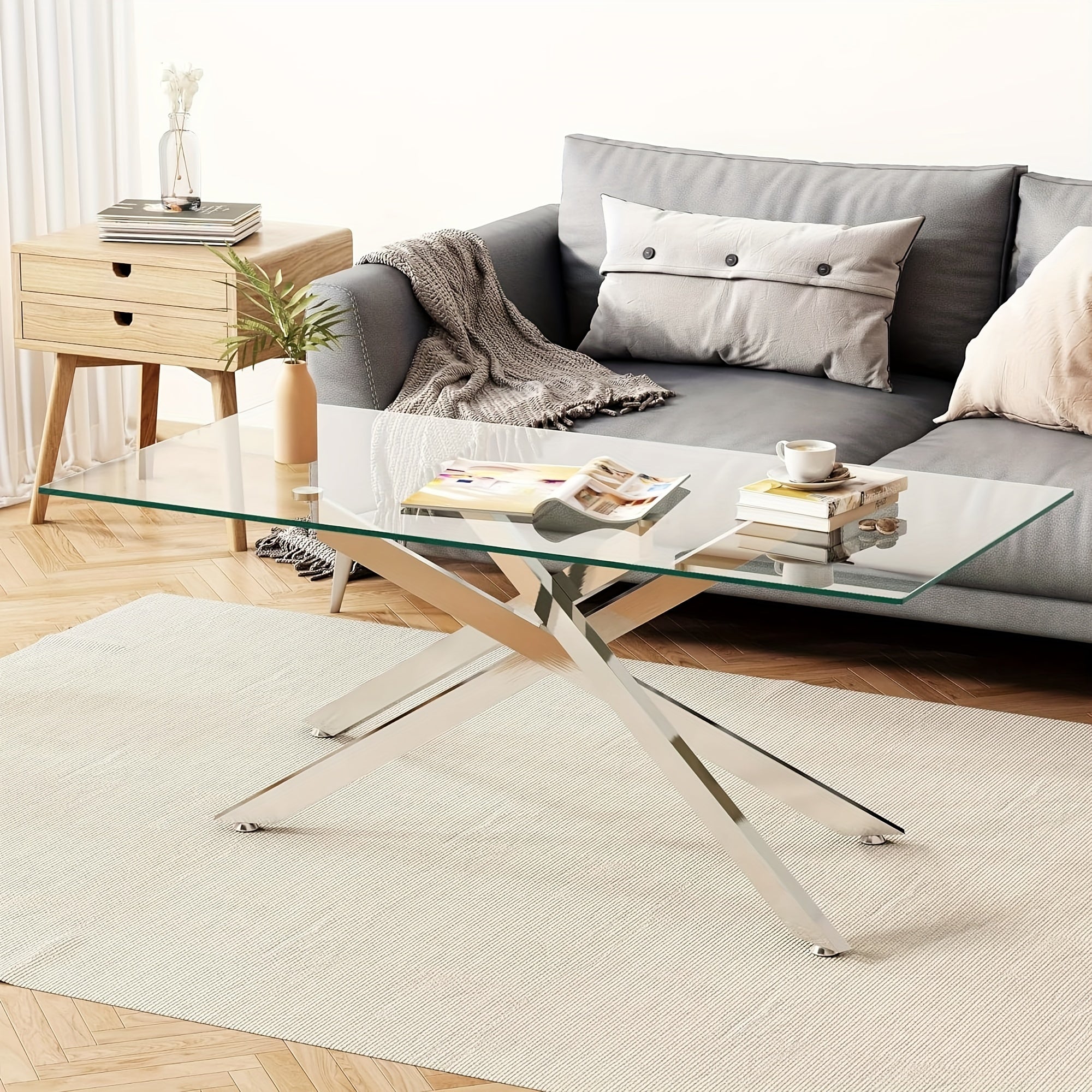 Rectangular Clear Tempered Glass Coffee Table, Stylish Design with Silver Chrome Plated Metal Legs, Coffee Table for Living Room