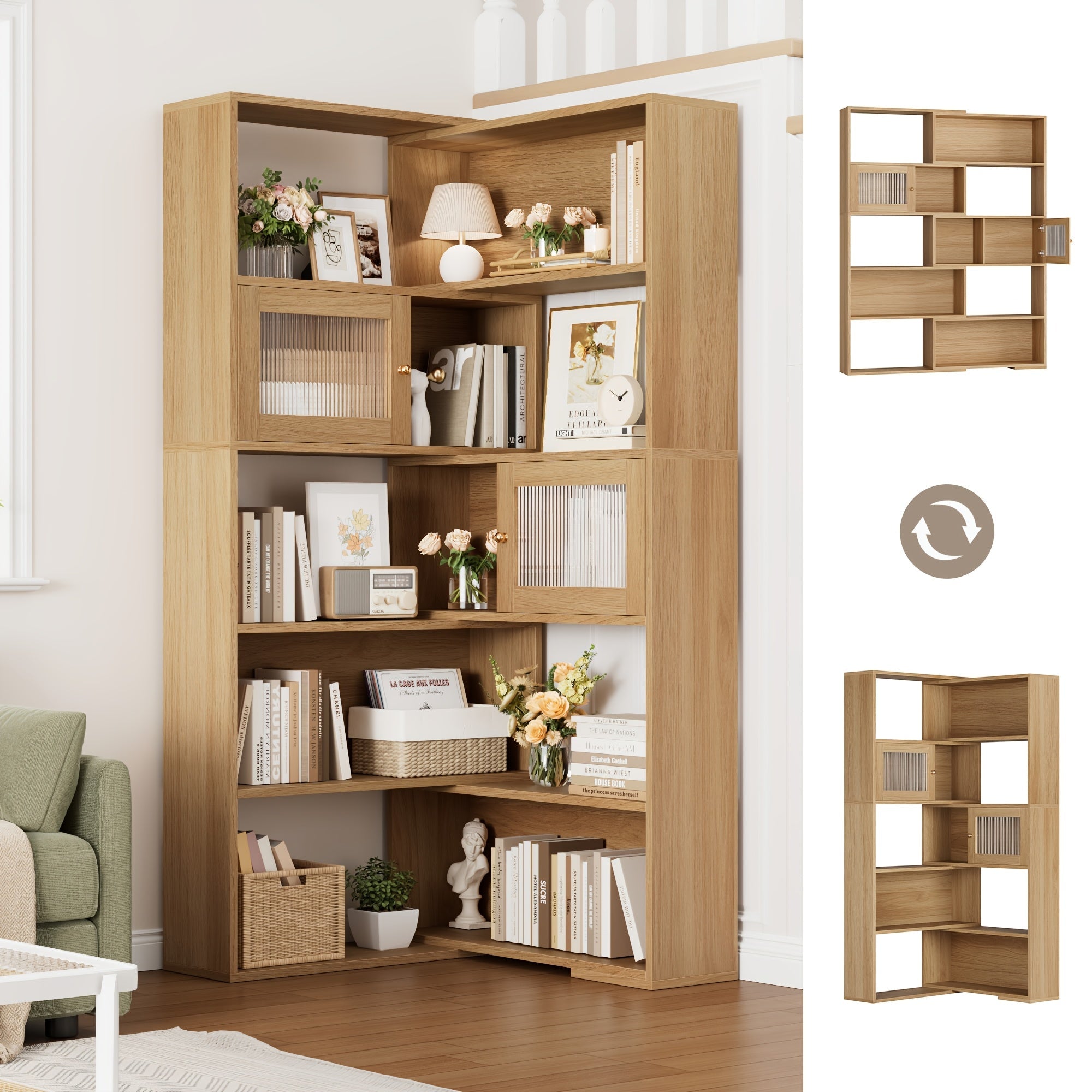 Reversible Wood Grain Bookshelf with Doors - 60.6" Tall, Spacious Storage for Living Room, Home Office, Library