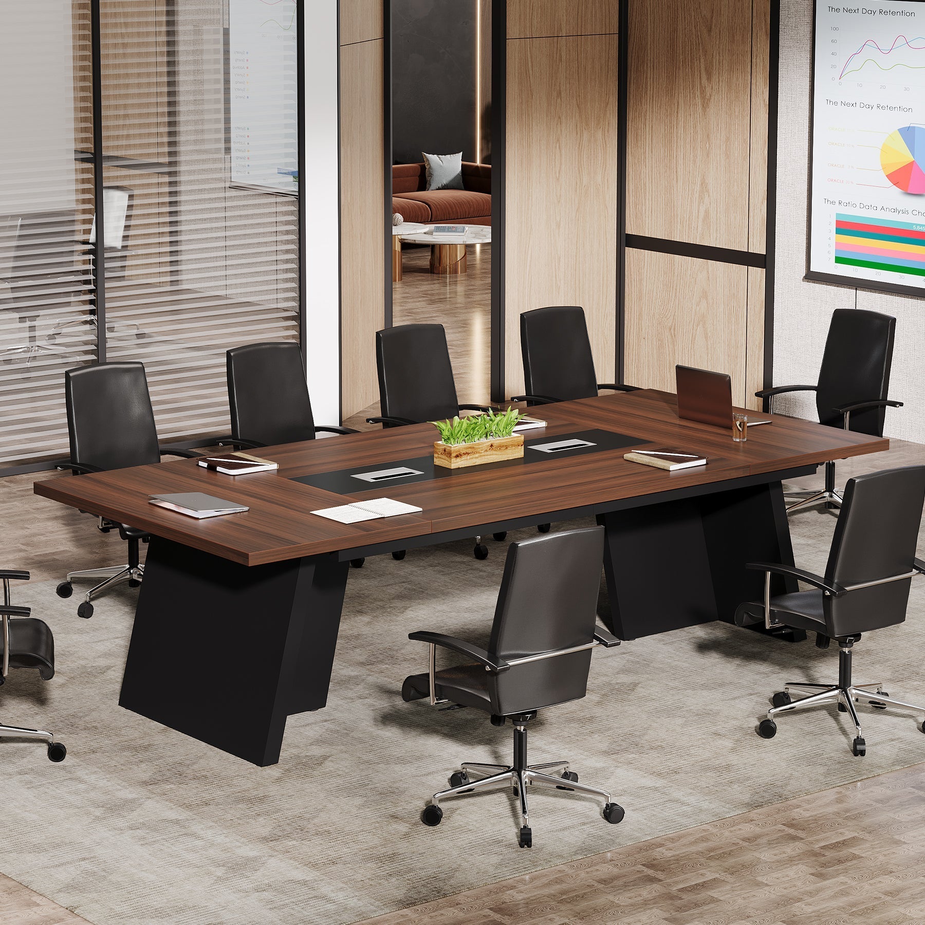 Conference Room Table, 240cm Office Meeting Desk with Cable Management