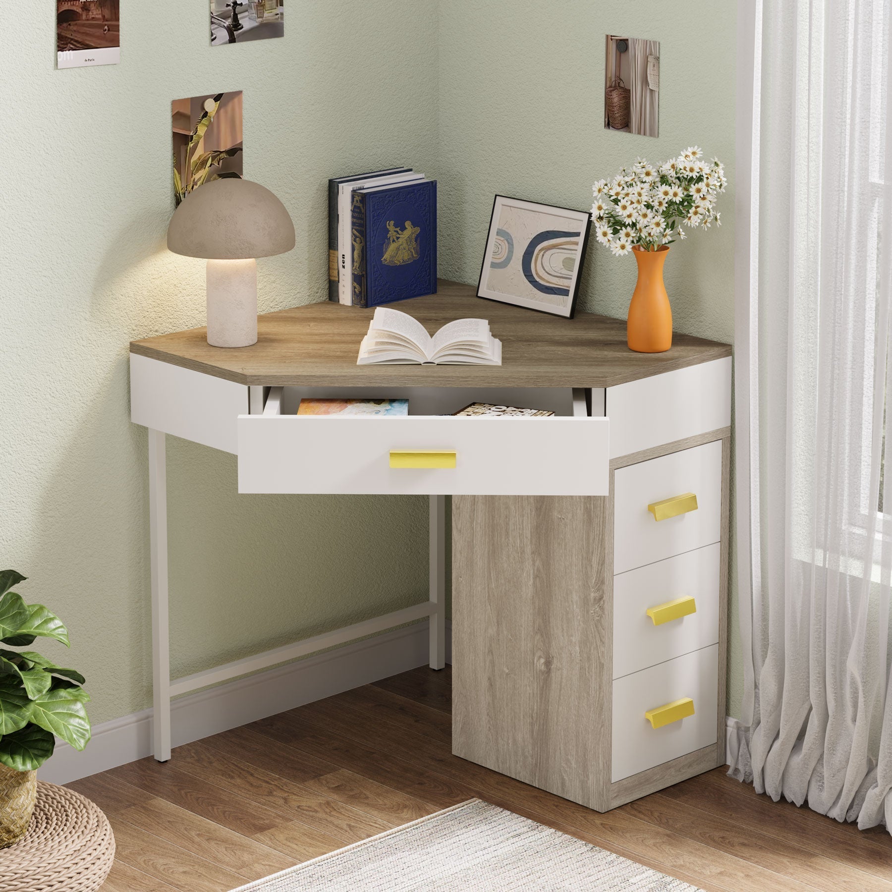 Corner Desk, Triangle Computer Desk Makeup Vanity Desk with 3 Drawers (cm)