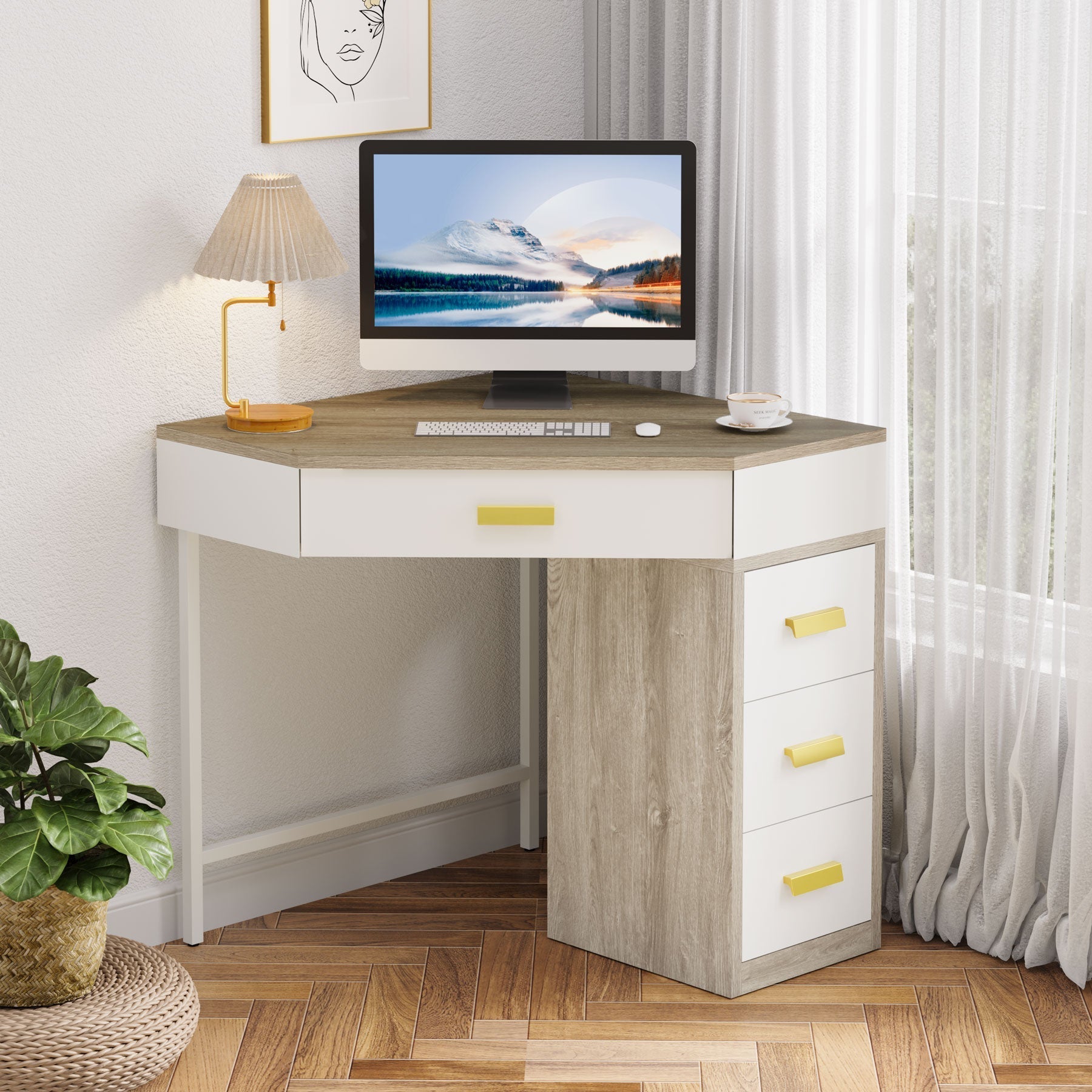 Corner Desk, Triangle Computer Desk Makeup Vanity Desk with 3 Drawers (cm)