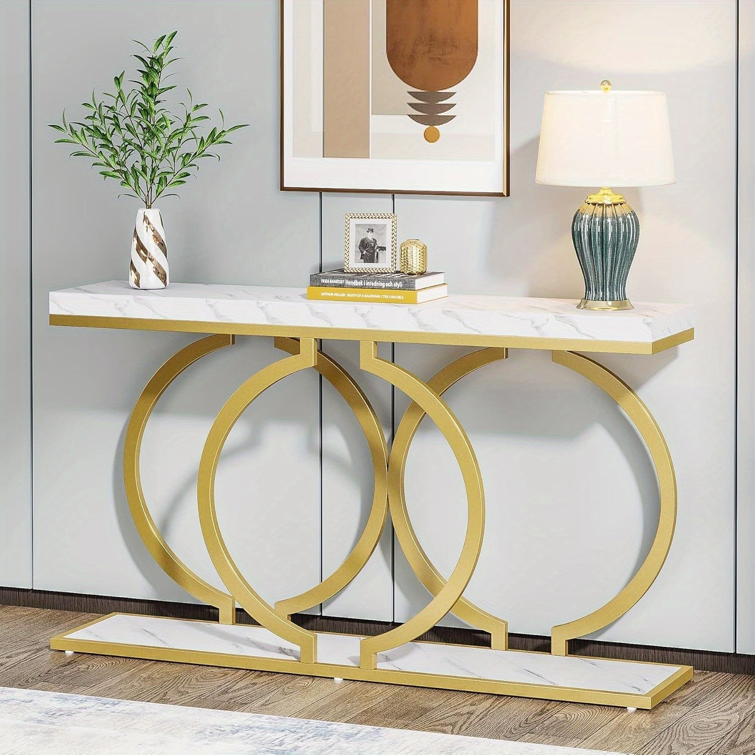 Golden Console Table, 140 cm Faux Marble Entryway Table Narrow Long Sofa Table, Modern Accent Table for Living Room, Entrance Table Geometric Metal Frame