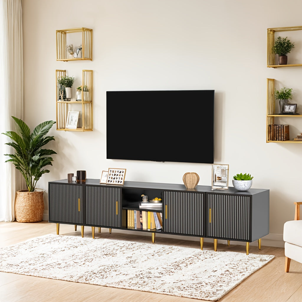 Luxury Fluted TV Stand with 2 Side Tables, Entertainment Center for TVs Up to 80", Modern Media Console with Cabinets, TV Console for Living Room Bedroom