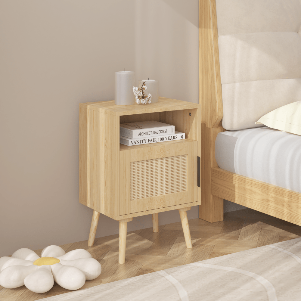 Chic Oak Rattan Nightstand with Open Shelf - 22.83'' H Side Table, Solid Wood Legs & Door Storage, Ideal for Bedroom, Dorm & Small Spaces, Durable MDF Construction, Bedroom Decor