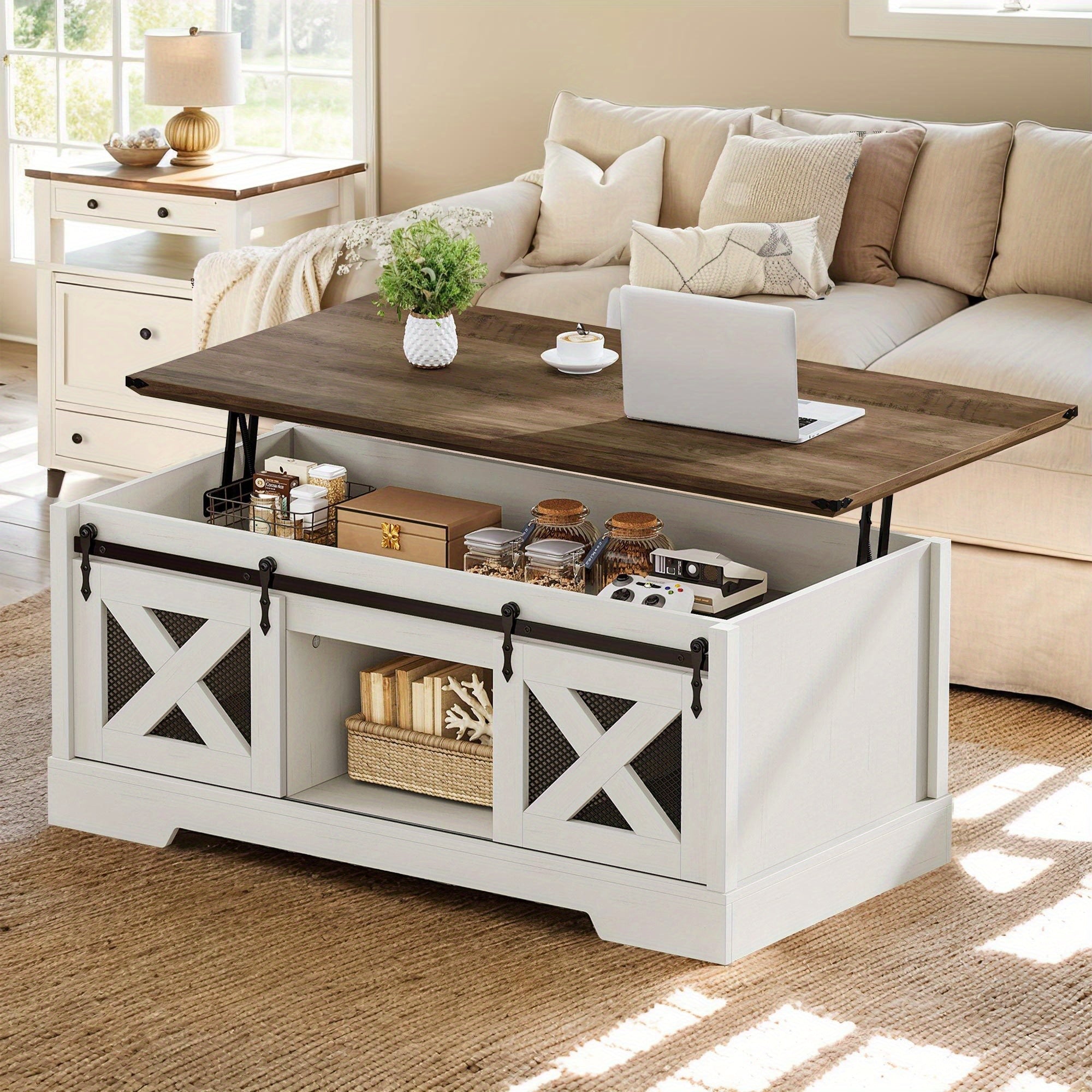 Farmhouse Lift Top Coffee Table with Storage Rustic Center Table for Living Room