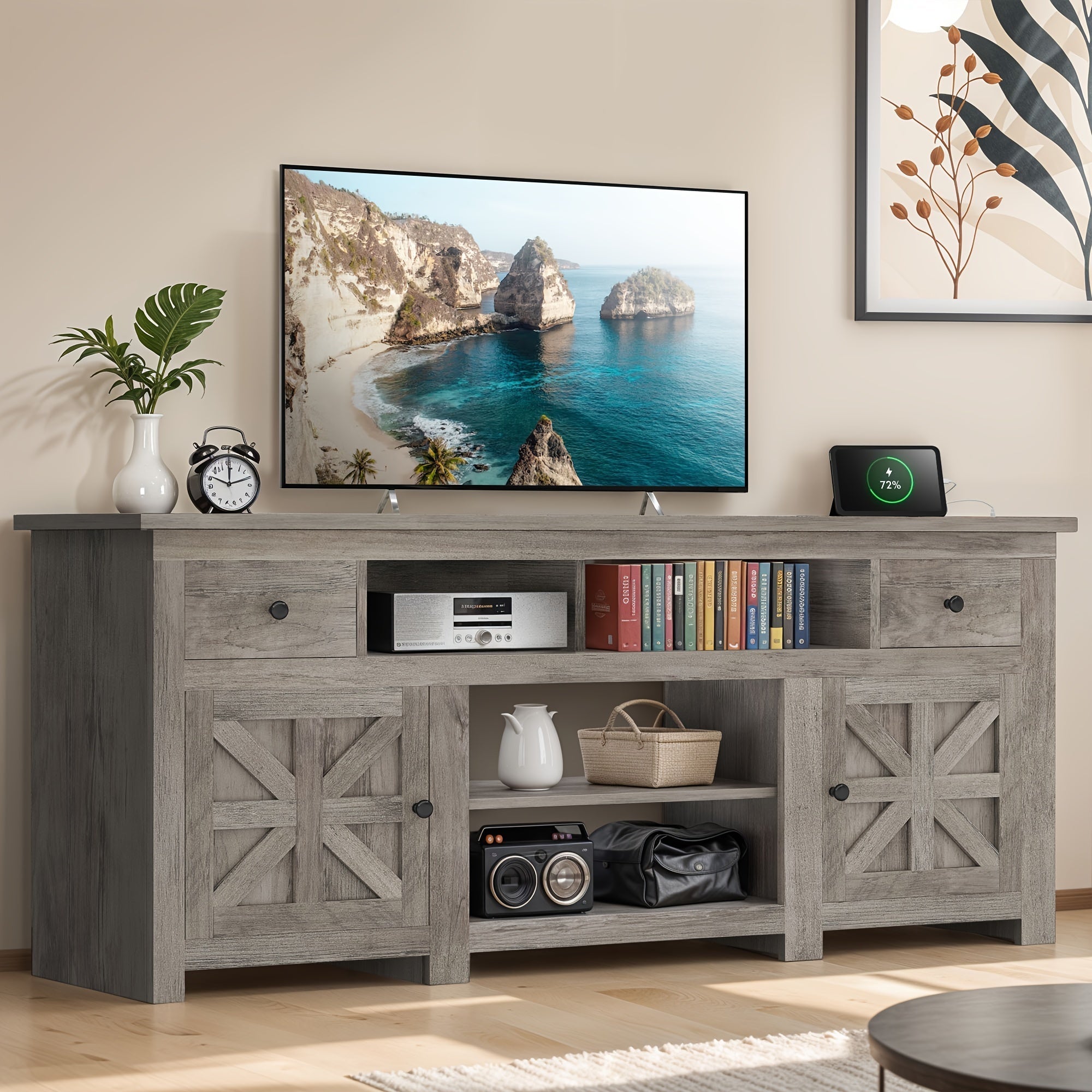 Modern Farmhouse TV Console with Storage Cabinets and Drawers for 80- Inch TVs