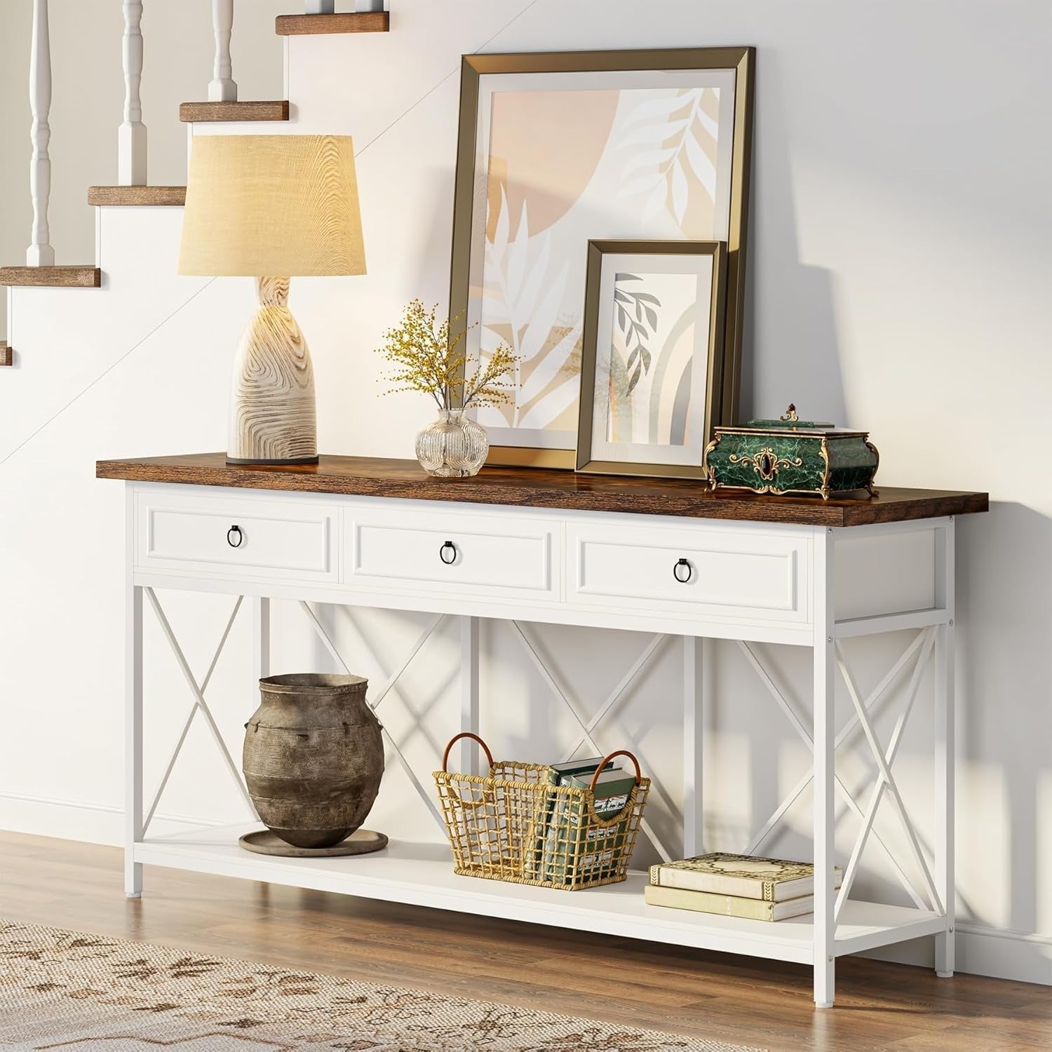 Farmhouse Entryway Table with Storage Shelf, Console Table with 3 Drawers, Narrow Long Sofa Foyer Table for Entryway, Hallway (Dimensions in cm)