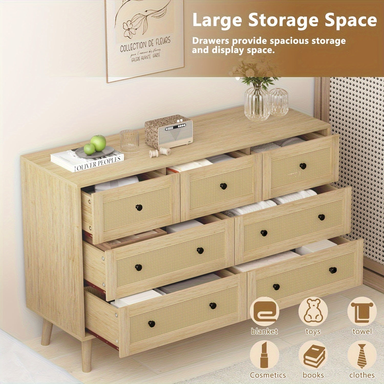 Natural Rattan Dresser For Bedroom, Modern Wood 7 Drawer Dresser With Gold Handles