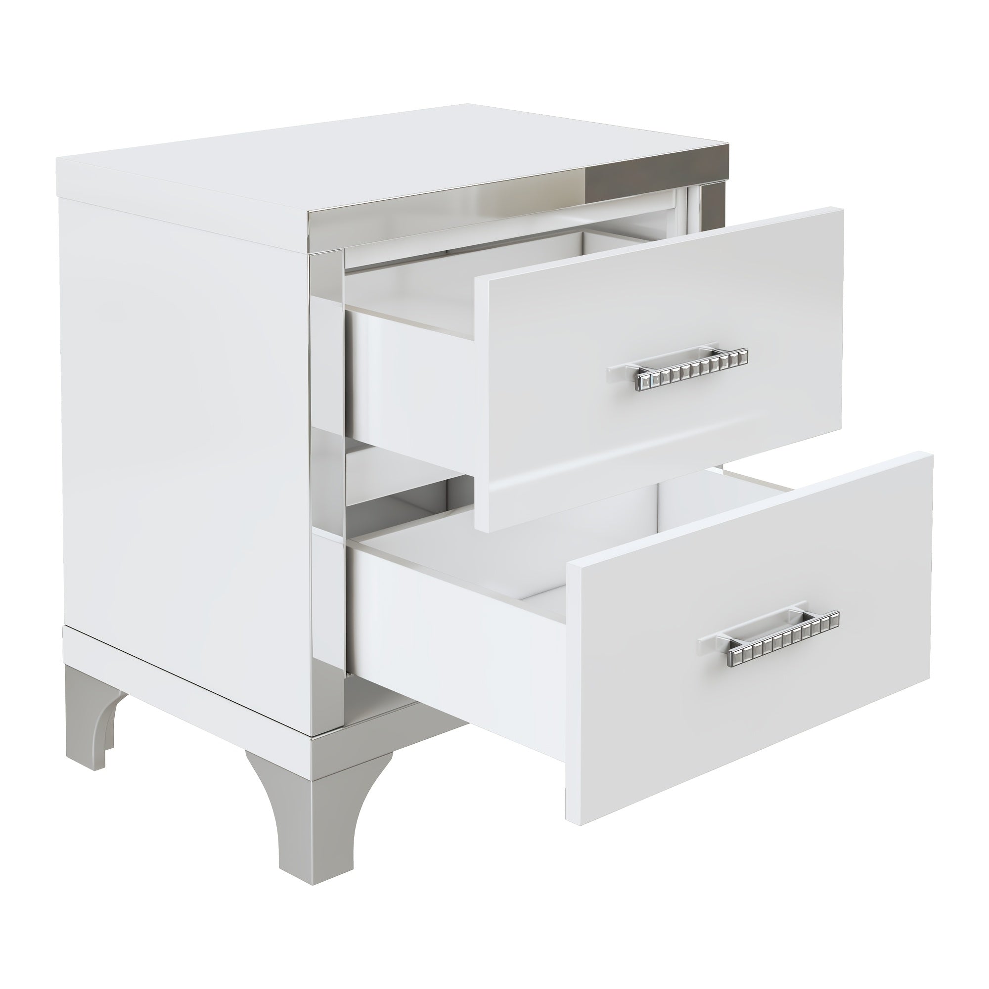 Elegant High Gloss Nightstand With Metal Handle, Mirrored Bedside Table With 2 Drawers For Bedroom, Living Room