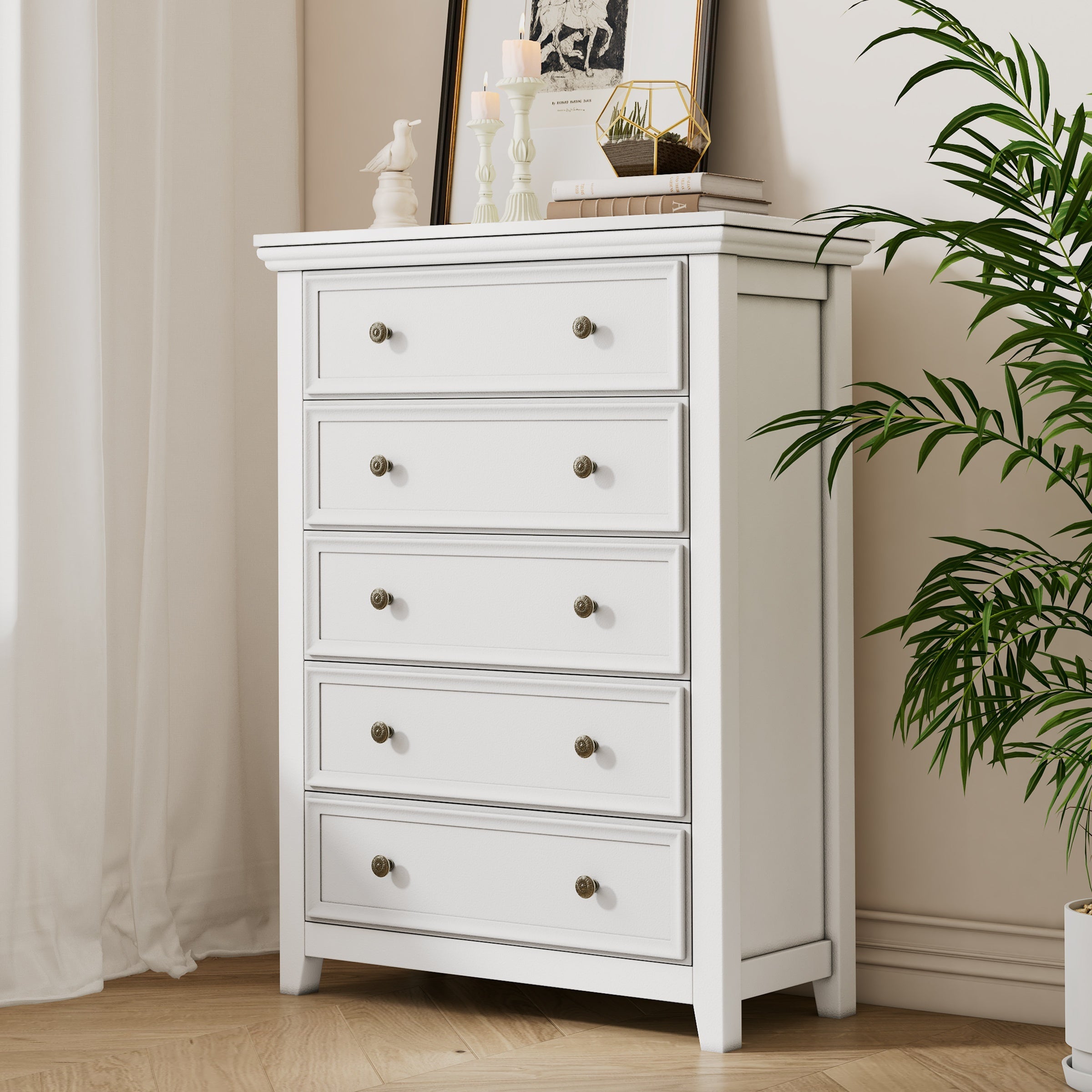 White Dresser for Bedroom, 5 Chest of Drawers, 5 Drawer Dresser for Home Office, Storage Drawer Cabinet with for Bedroom, Living Room, Hallway