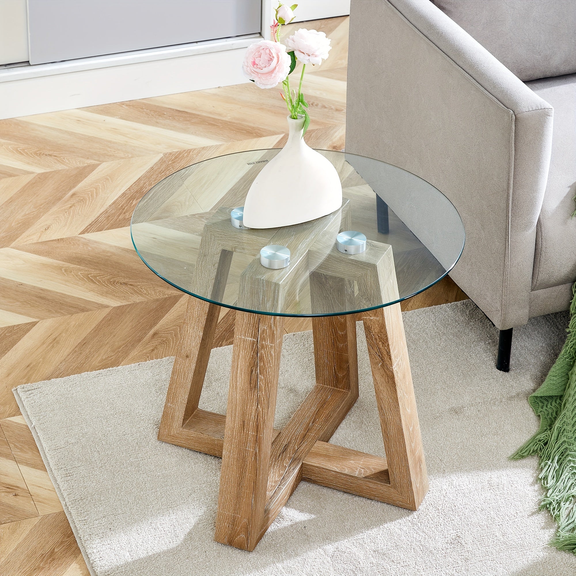 56cm Tempered Glass Small End Table, Minimalist Round Side Table, Mid-Century Modern End Side Table for Living Room Bedroom Small Spaces Office, with wood-coloured Legs, furniture for home clearance, home decor, lo