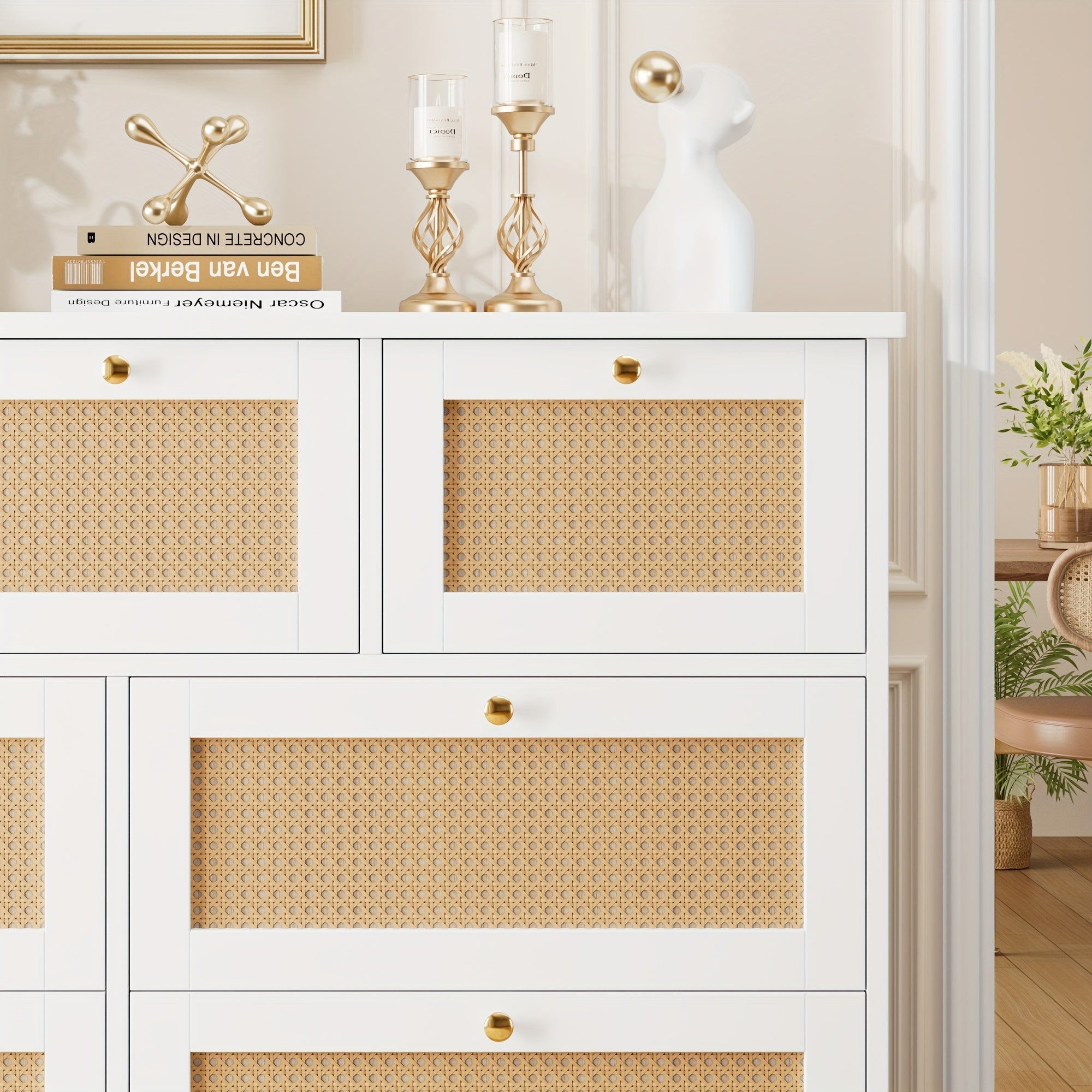 1pc Modern White Rattan Dresser with 7 Drawers - Wall Mount, No Wood, Electricity-Free, Spacious Closed Storage <3.2 Cubic Feet, Sturdy Over 27" Height, Golden Handles, Bedroom Storage Chest