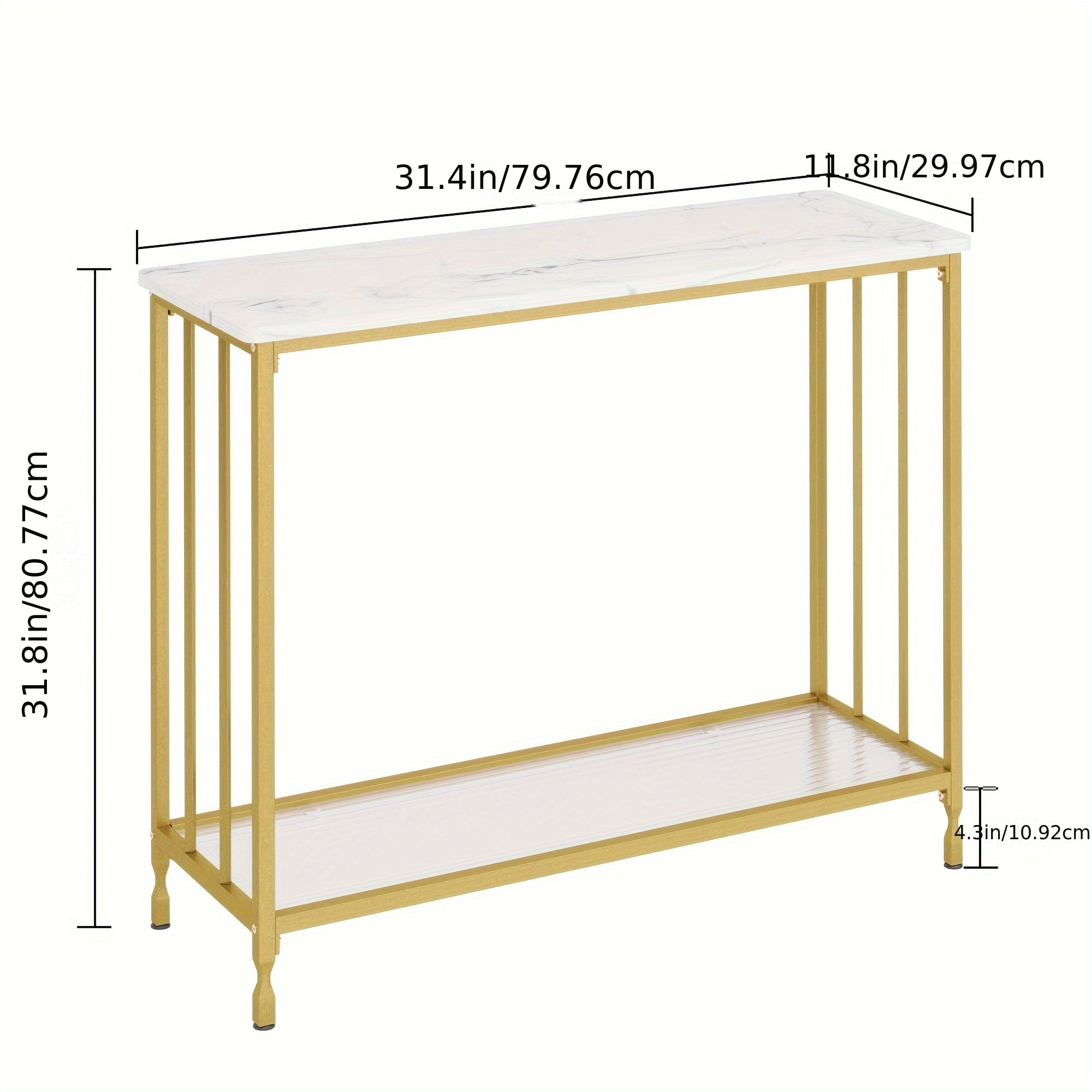 Slim Golden Console Table - Industrial Style with Glass Shelf & Metal Frame, Perfect for Narrow Entryways, Living Rooms, Bedrooms - 85cm x 30cm x 81cm