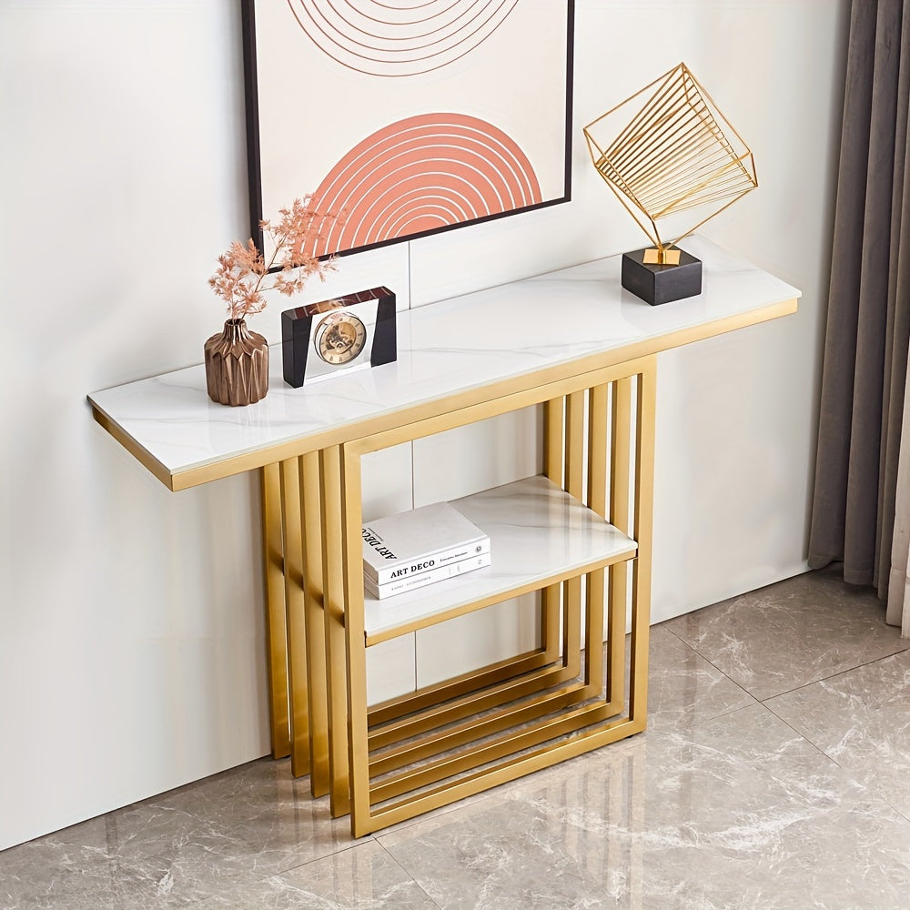 120 cm Modern Console Table with Storage Space, Sintered Stone Entryway Table, Accent Table Sofa Table with Metal Base, Narrow Table Foyer Table for Entrance, Living Room, Hallway