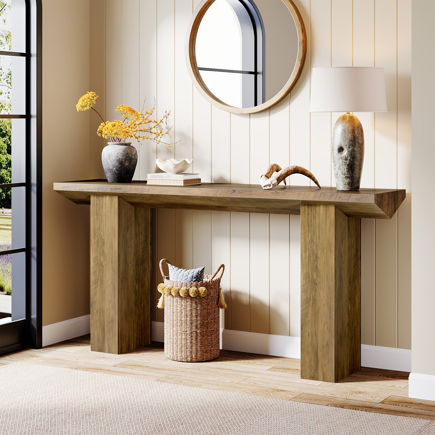 Chic Farmhouse Console Table - 160 cm Long, Stain-Resistant MDF Wooden Desk with Unique Inverted Triangle Design for Office, Entryway, or Living Room Decor