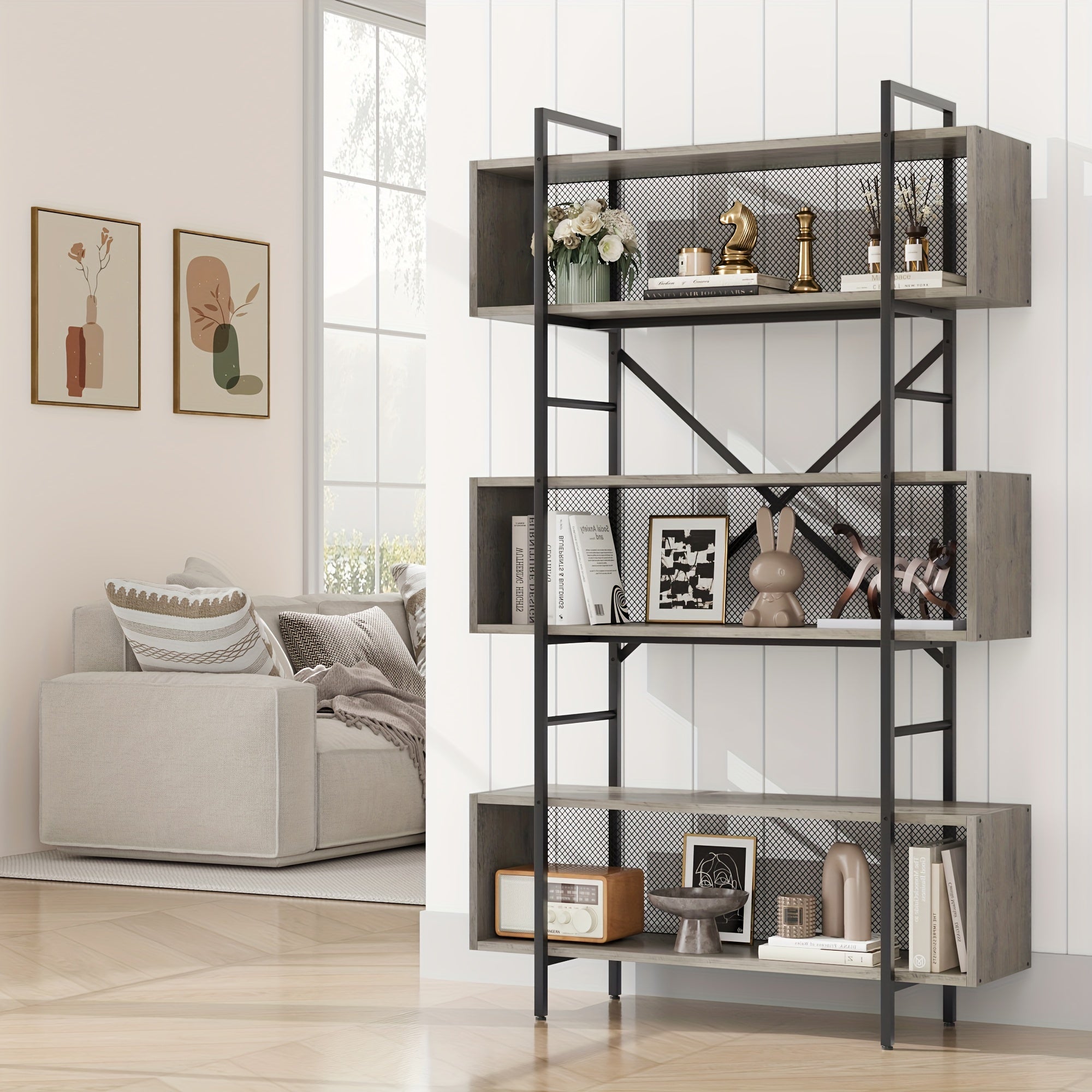 6 Tier Bookshelf with Storage, 180cm Tall Industrial Book Shelf with Open Display Bookshelves, 6 Shelf Bookcase with Metal Frame for Living Room, Bedroom and Home Office