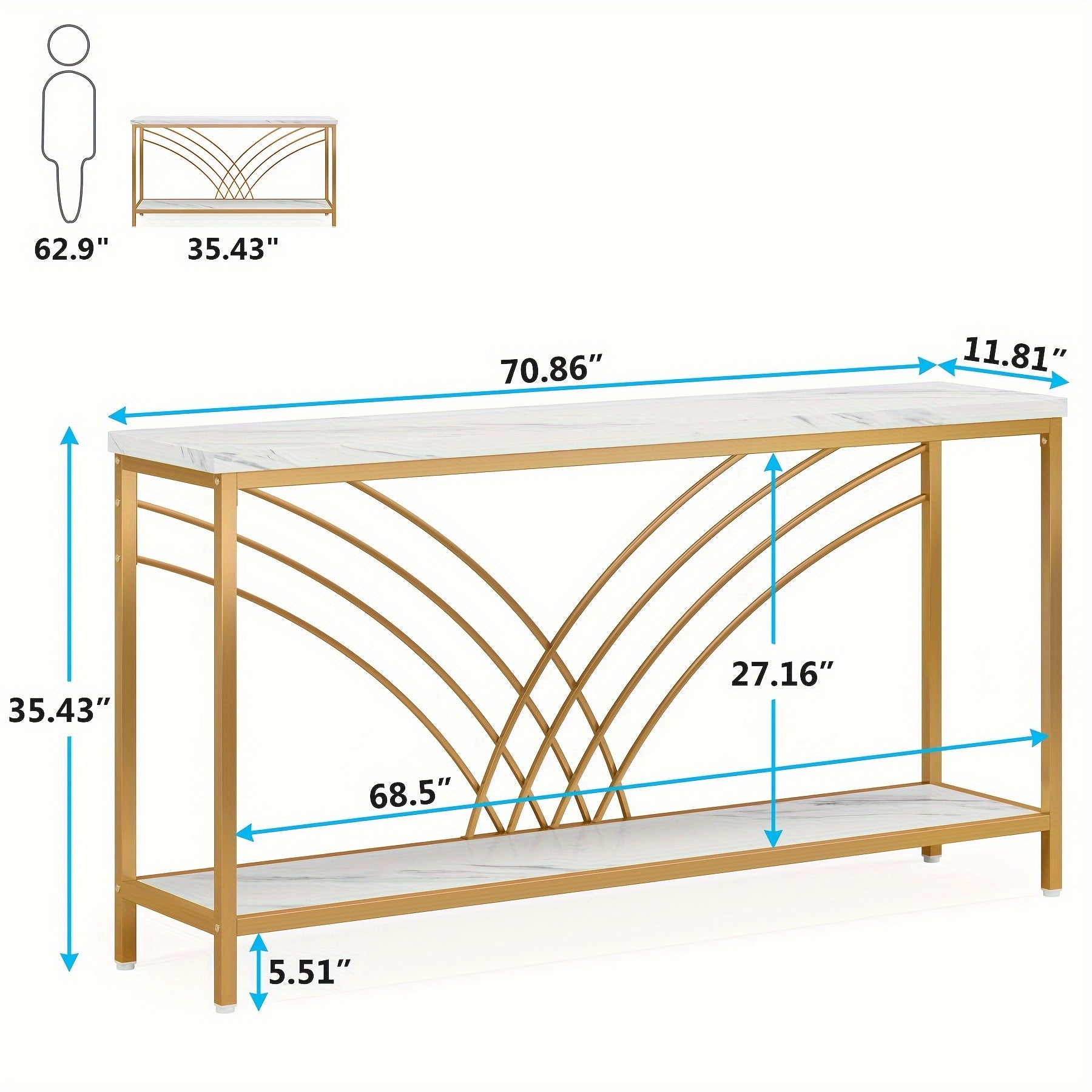 Modern 180 cm Extra Long Console Table, 2 Tiers Faux Marble Entryway Table Accent Table, Narrow Sofa Table Behind Couch for Living Room, Hallway, Halloween Christmas Decor, Autumn Harvest