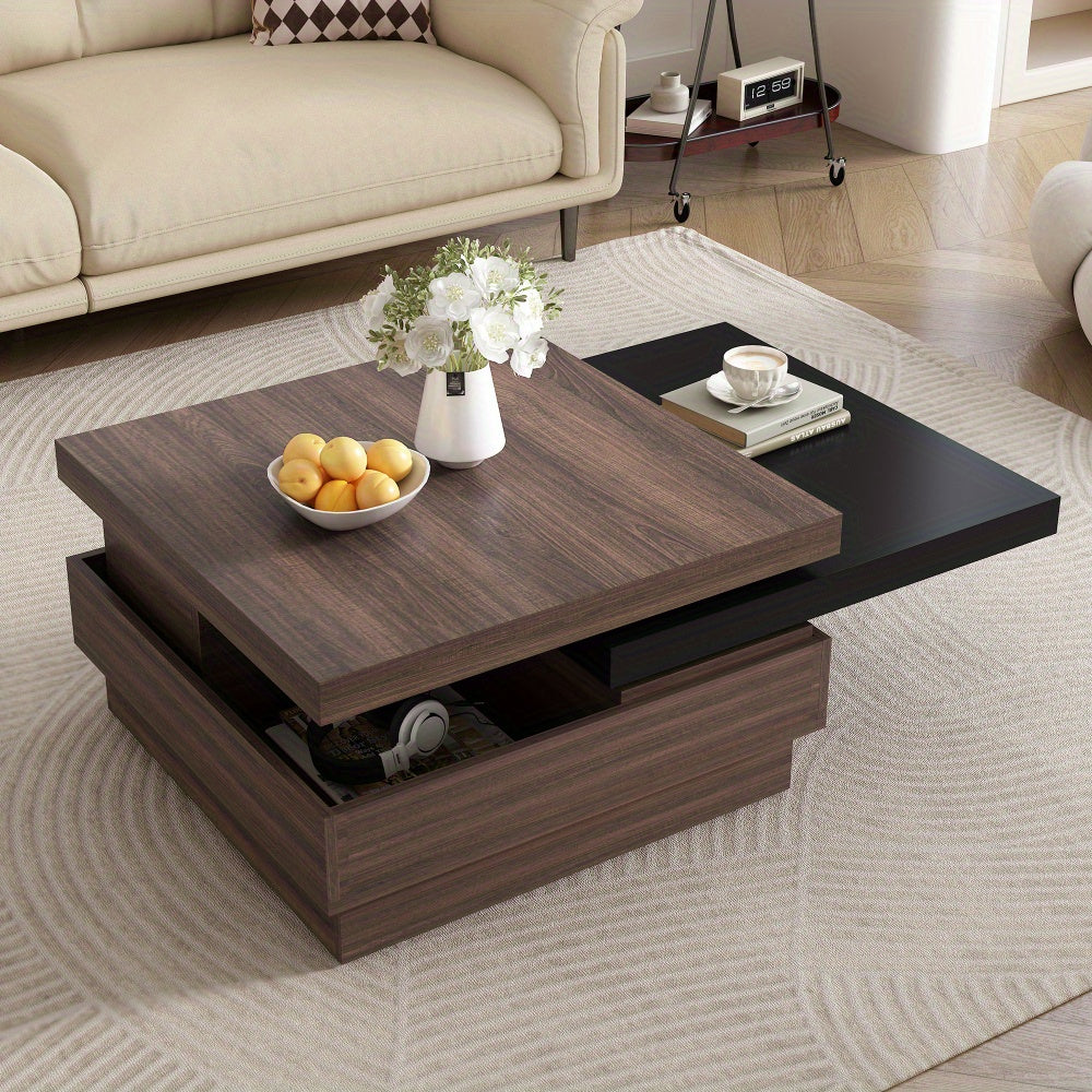 Rotatable Top Coffee Table, Modern Square Coffee Table with Wood Grain Design, 1 Hidden Storage Space for Living Room, Black+Brown