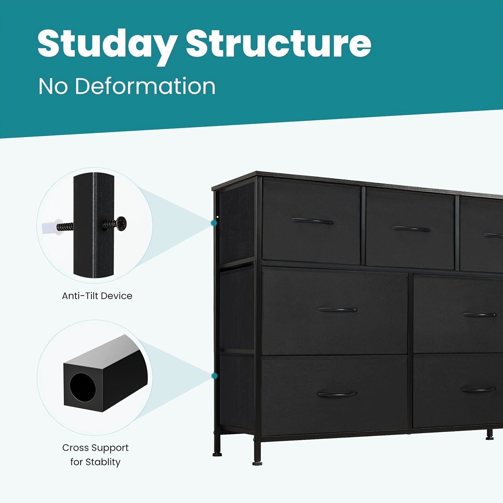 Dresser for Bedroom with 7 Drawers, Clothes Drawer Fabric Closet Organizer, Dresser with Metal Frame and Wood Tabletop, Chest Storage Tower for Room, Nursery, Living Room, Entryway