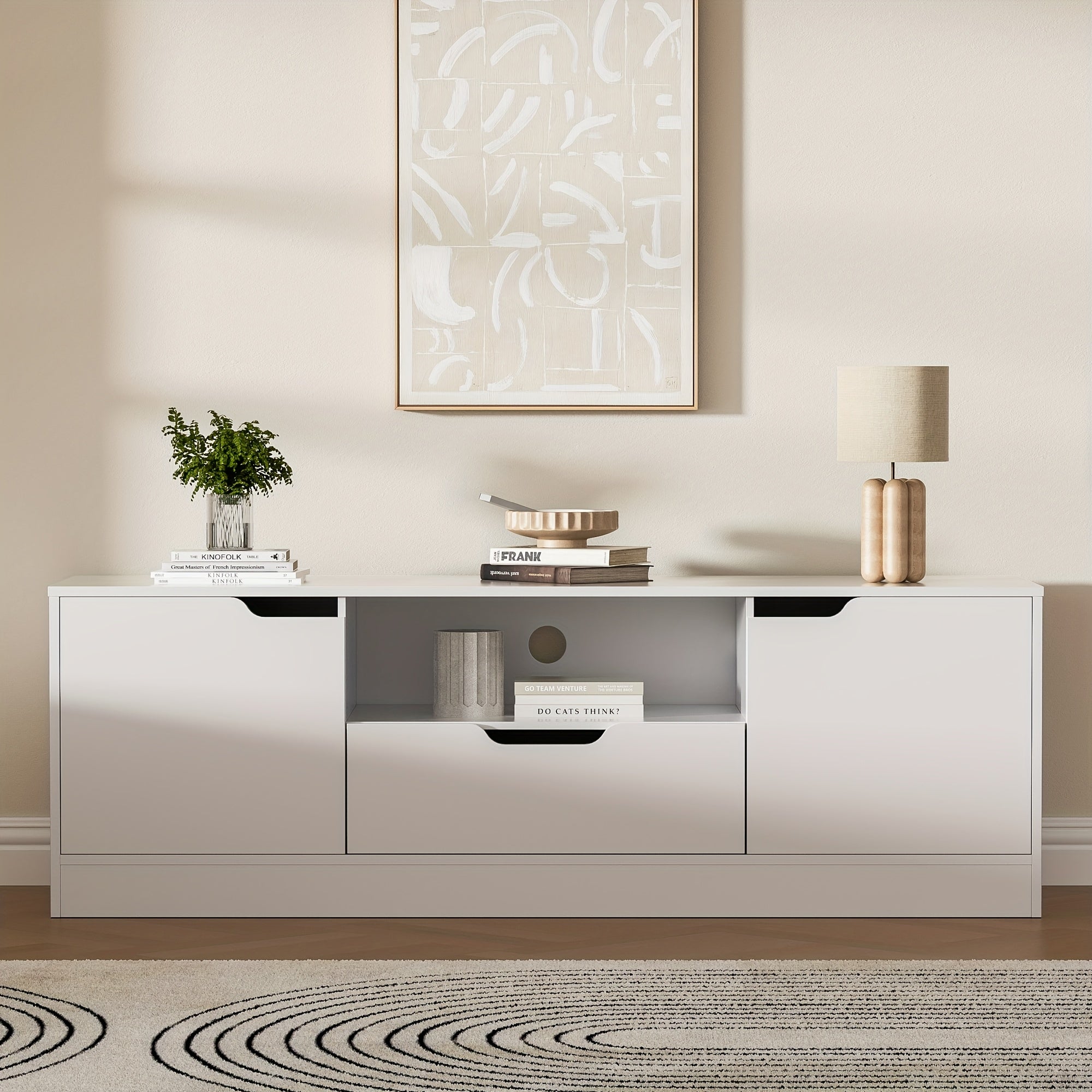 Modern Media TV Console Table with Storage Cabinet, Dresser-Style TV Stand for 55/60/65 Inch TVs, Gaming Entertainment Center with 2 Doors & Drawer, Freestanding Design for Living Room and Bedroom, Available in White or Black