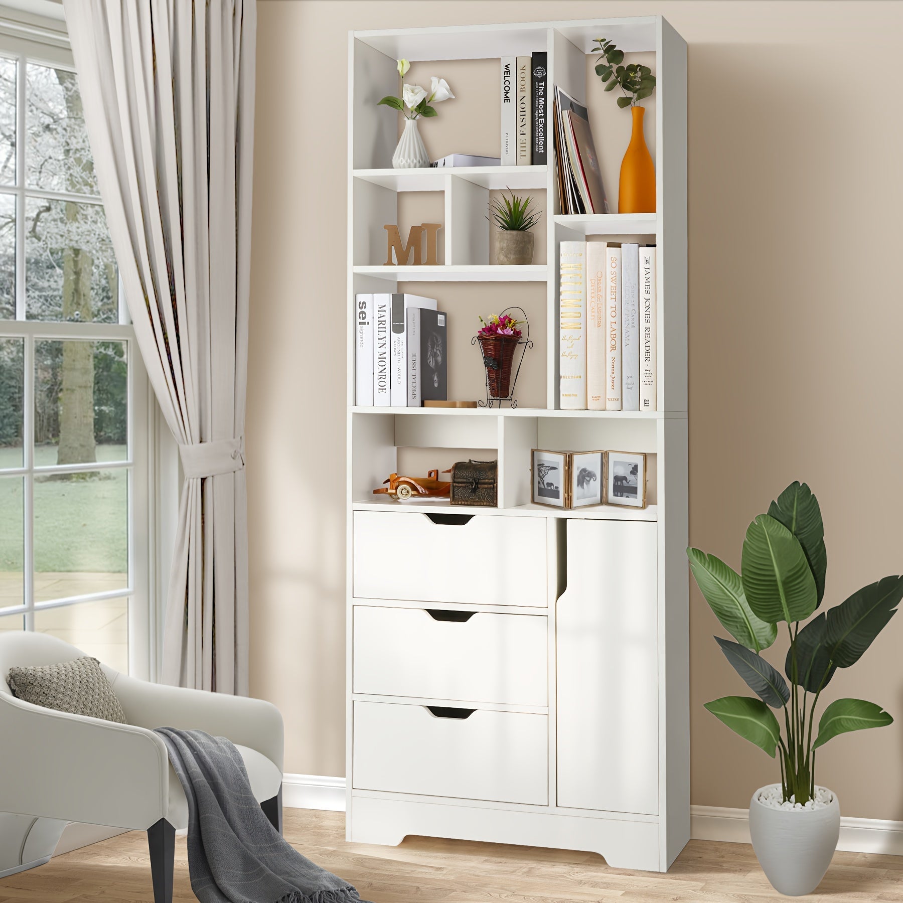 180cm Bookcase with Door and 3 drawers, Bookshelf for living Room Home Office