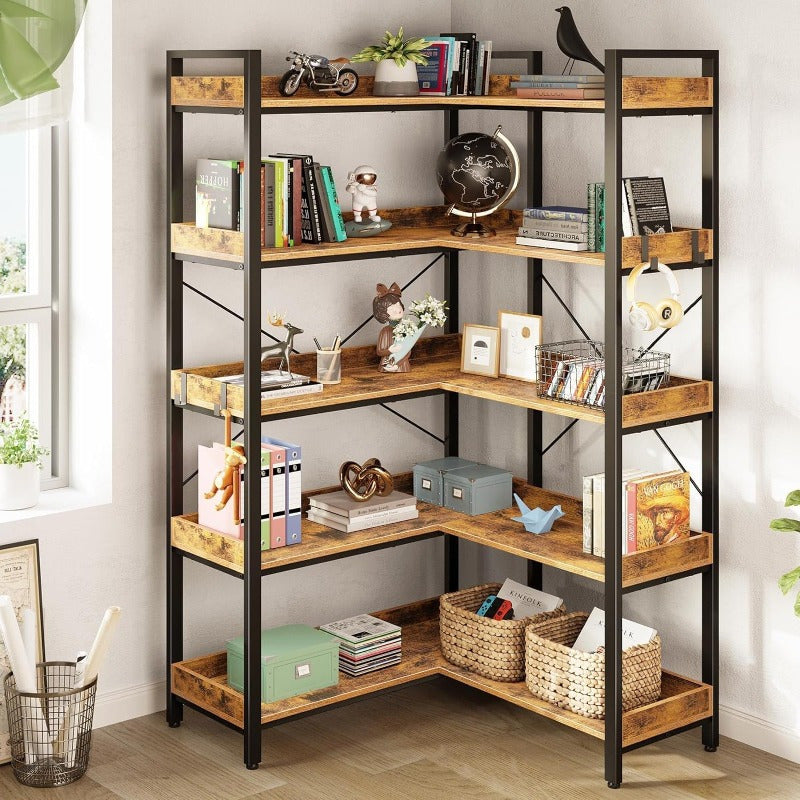 165cm Industrial 5-Tier Bookshelf with 4 Hooks - Reversible Corner Design, Hardwood & Metal Frame, Adjustable Feet for Living Room, Bedroom, Home Office, GREENSTELL