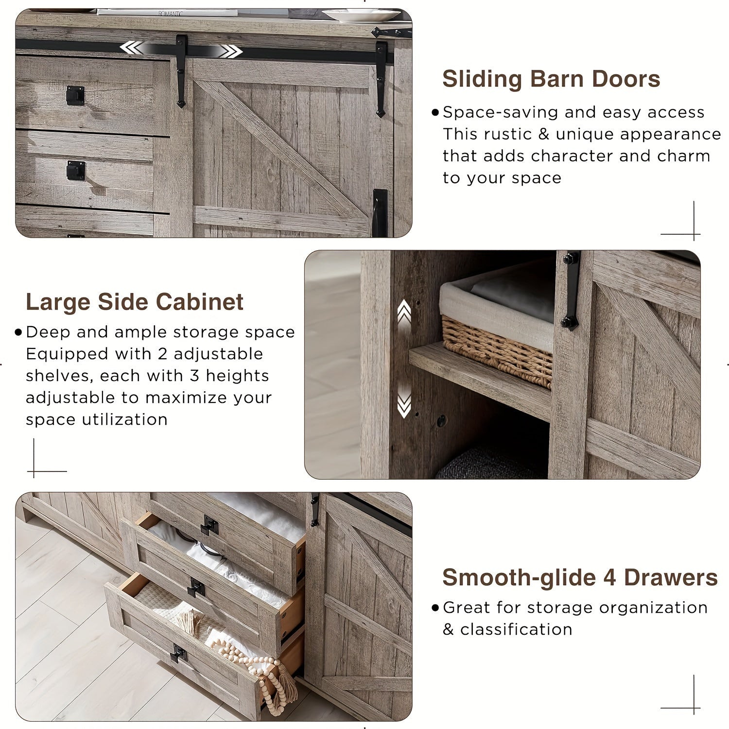 152cm Farmhouse Dresser Chests For Bedroom W/4 Drawers & Sliding Barn Doors, Tall Chest Of Drawers, Rustic Dresser TV Stand, Dresser Organizer For Bedroom, Living Room