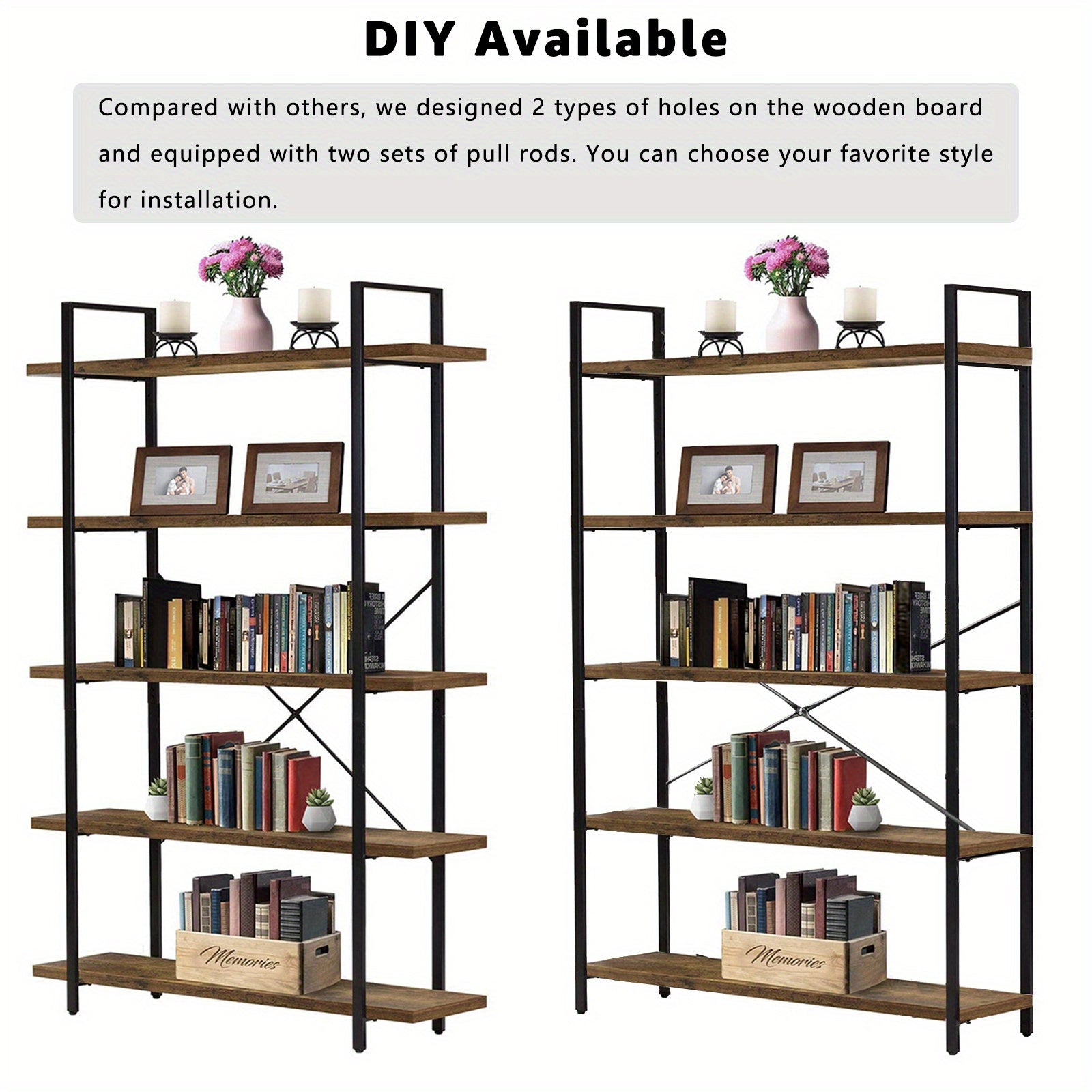 5 Tier Bookshelf, 2 Mounting Approaches, Industrial Etagere Bookcase with Metal Frame, Rustic Tall Book Shelf Unit for Living Room, Study, Home Office (1, Rustic)