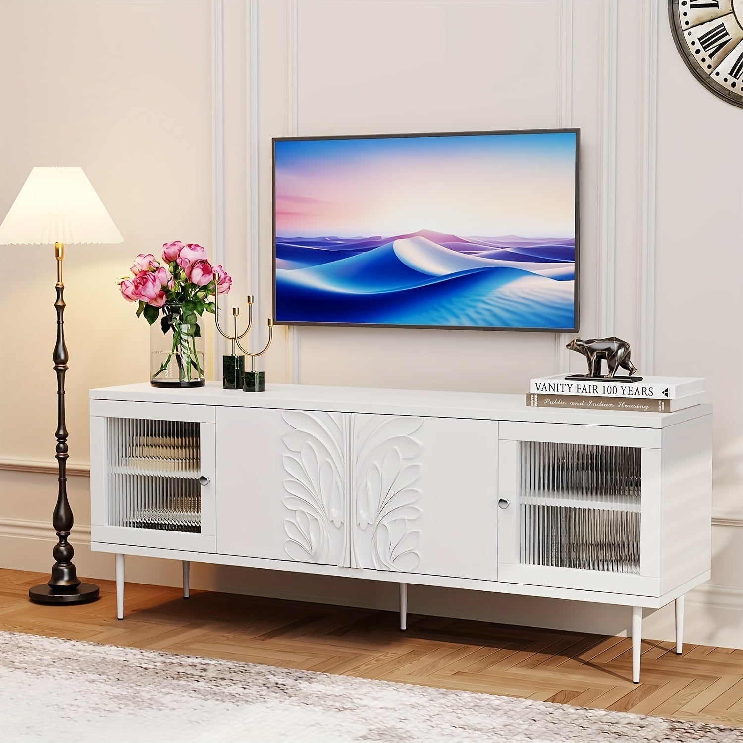 TV Stand For TVs Up To 75", Mid Century Modern TV Console With 3D Flower Pattern, Wood Entertainment Center With 2 Fluted Glass Doors, Media Console Table With Storage For Living Room