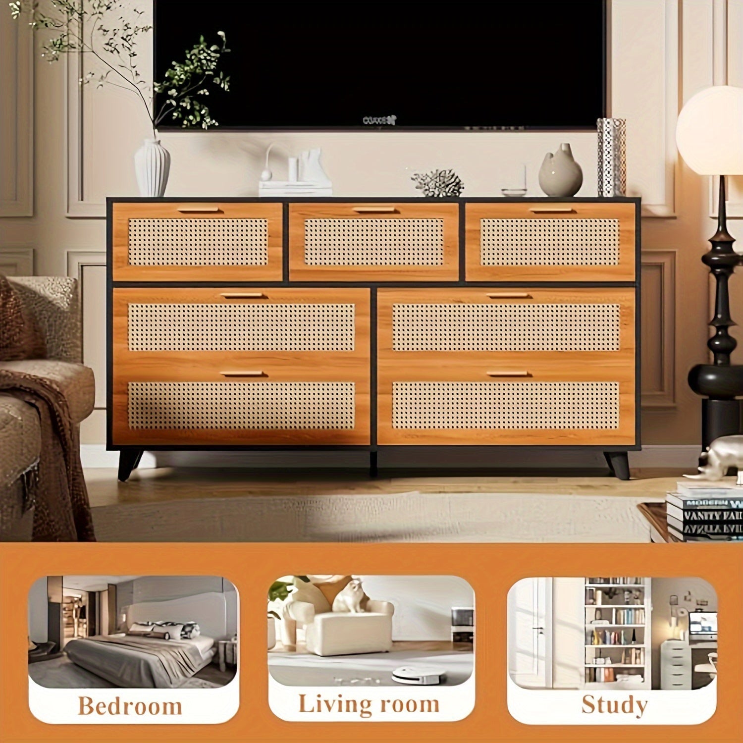 7 Drawer Dresser For Bedroom, Natural Rattan Dressers & Chest Of Drawers, Large 56" Long Dressers Wooden Storage Organizer Dresser For Closet, Hallway, Living Room