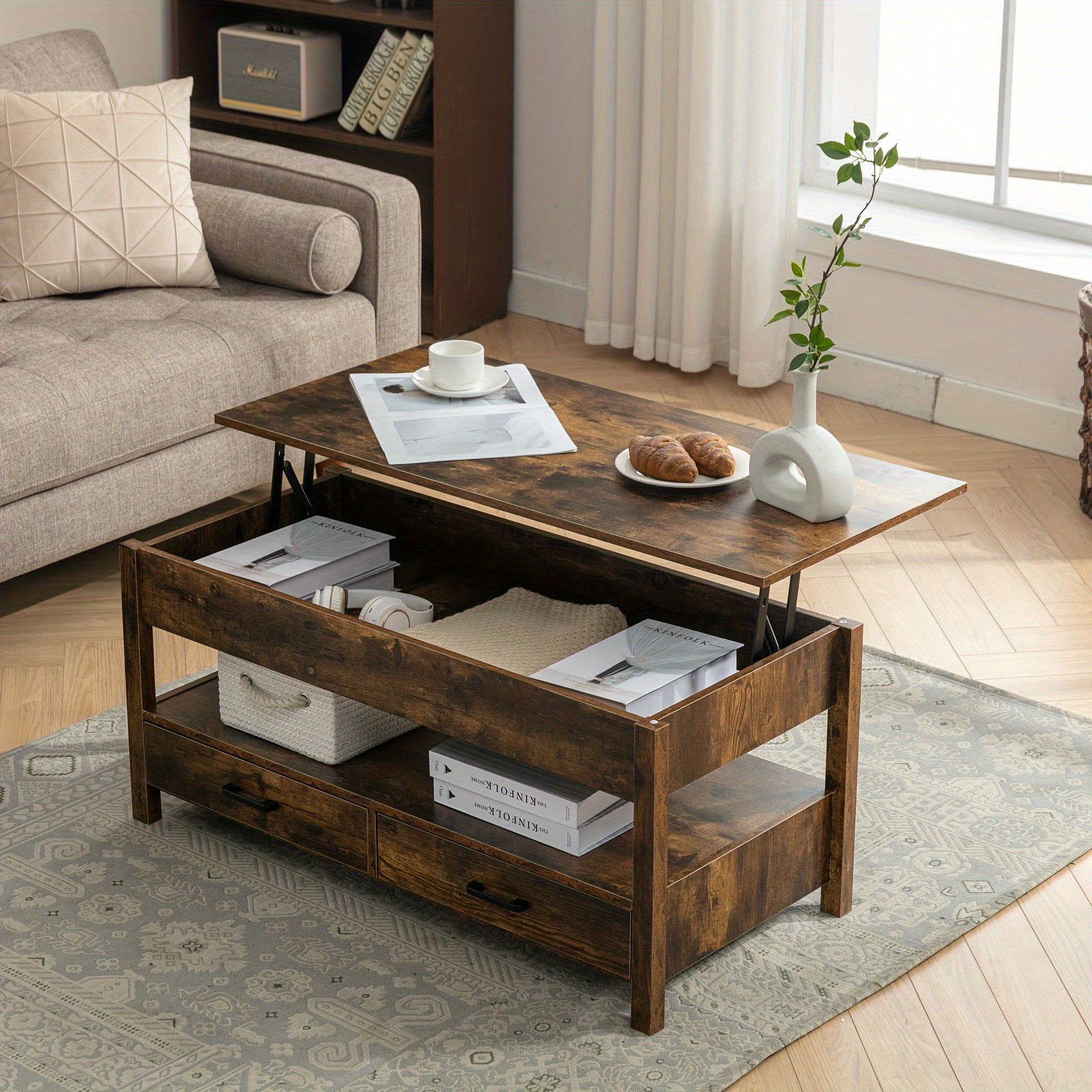 Lift Top Coffee Table Central Table W/Drawers&Hidden Compartment For Living Room