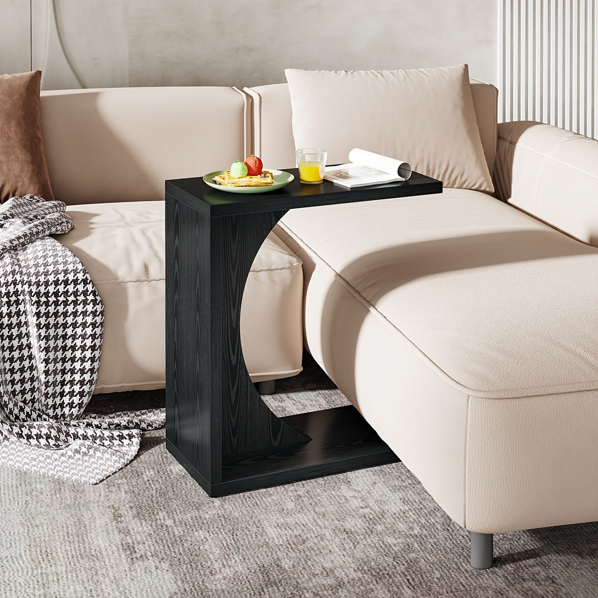 Modern Black C-Shaped End Table - Compact Side Table for Small Spaces, Adjustable Feet, Easy Assembly & Cleaning