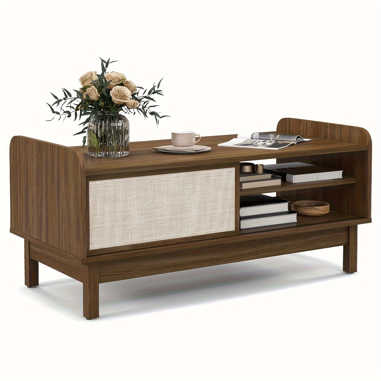 Coffee Table With Storage And Sliding Doors, Mid-Century Modern Coffee Table With Adjustable & Removable Shelf, Rattan Woven Door, Wooden Accent Center Tables For Living Room Apartment