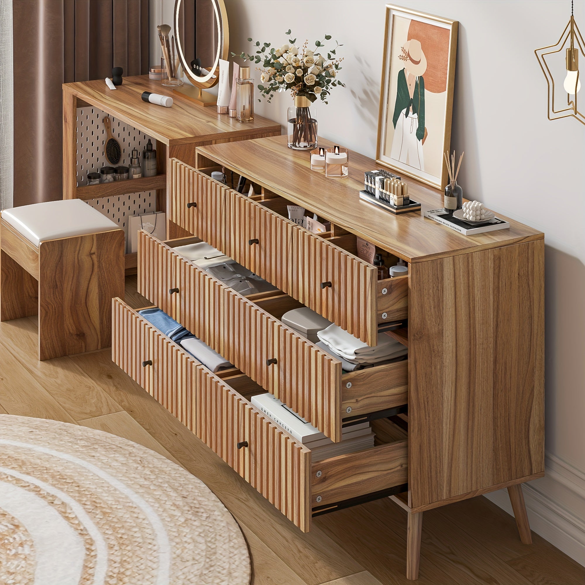 Modern Chest Of Drawers, Dresser Organizer Storage Cabinet With 7 Drawers Fluted Panel For Living Room, Entryway, Hallway