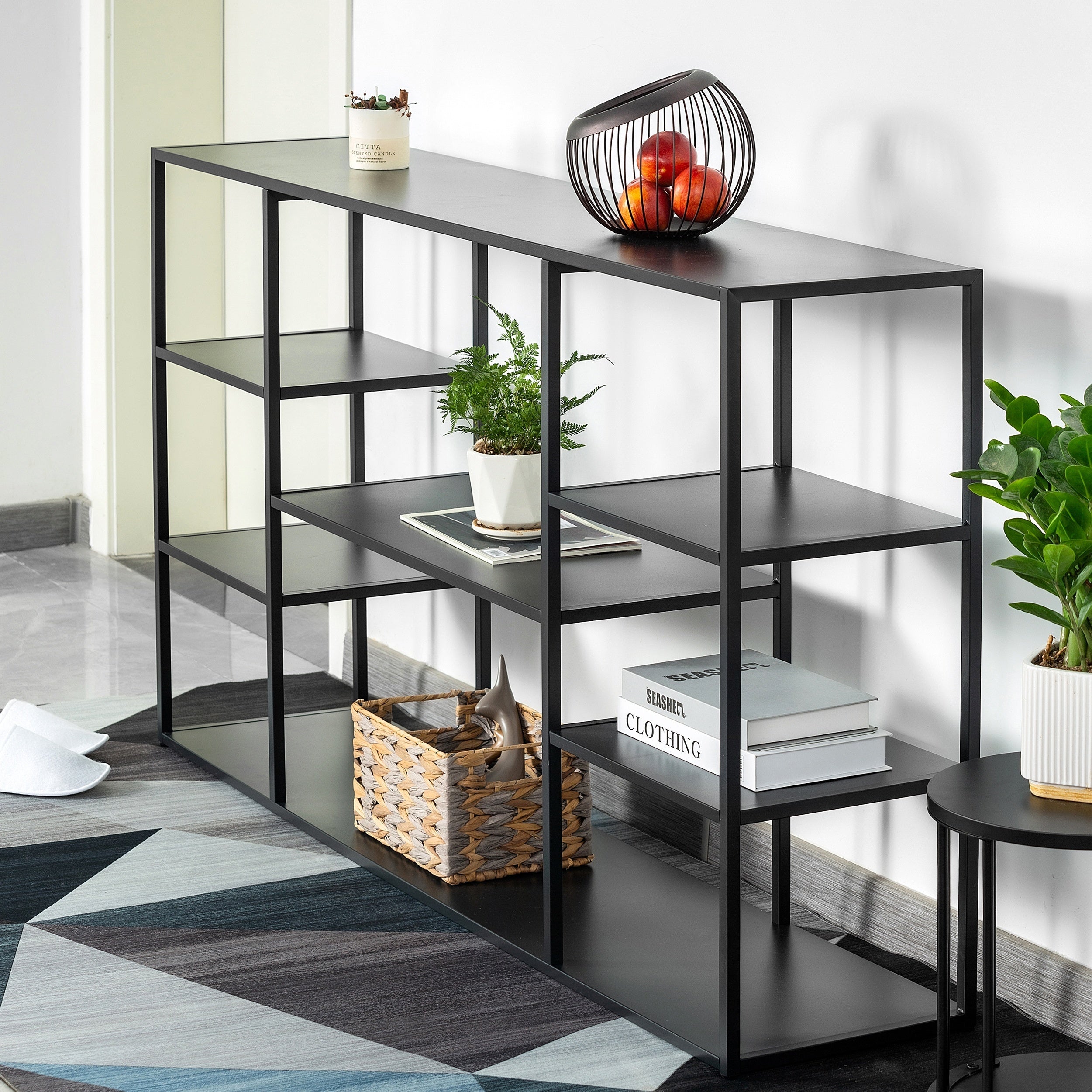 140 cm Metal Console Table with 8 Storage Shelves, Extra Long Entryway Table, Narrow Sofa Table, Hallway Table for Entrances to Corridor, Foyer, Living Room (140×30×80 cm)