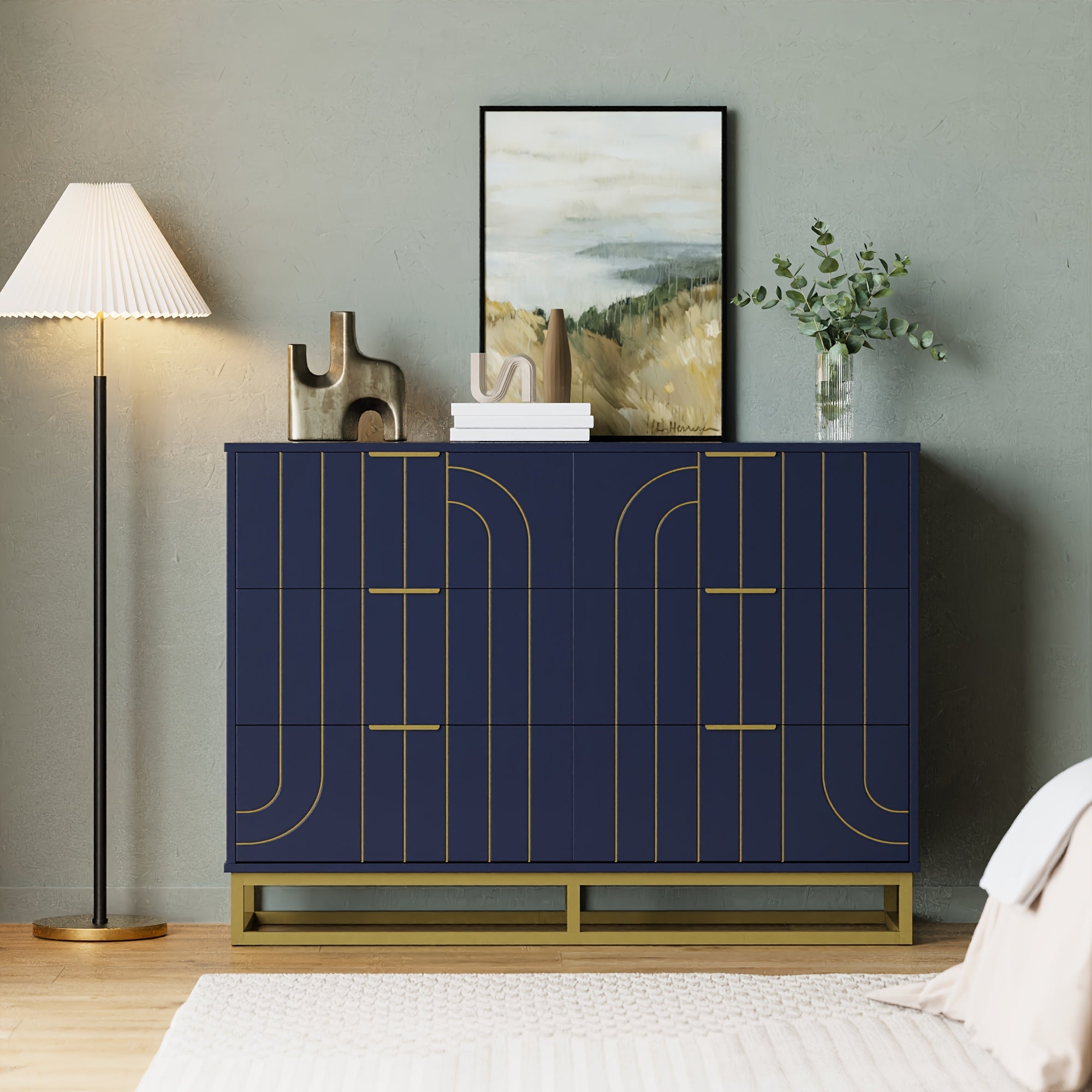 Elegant 122cm Dark Blue & Golden Modern Wooden Dresser - Versatile File Storage Cabinet with 6 Drawers, Easy Assembly, Durable Construction for Bedroom, Living Room & Office - Ideal Housewarming Gift for Home Decor Enthusiasts,