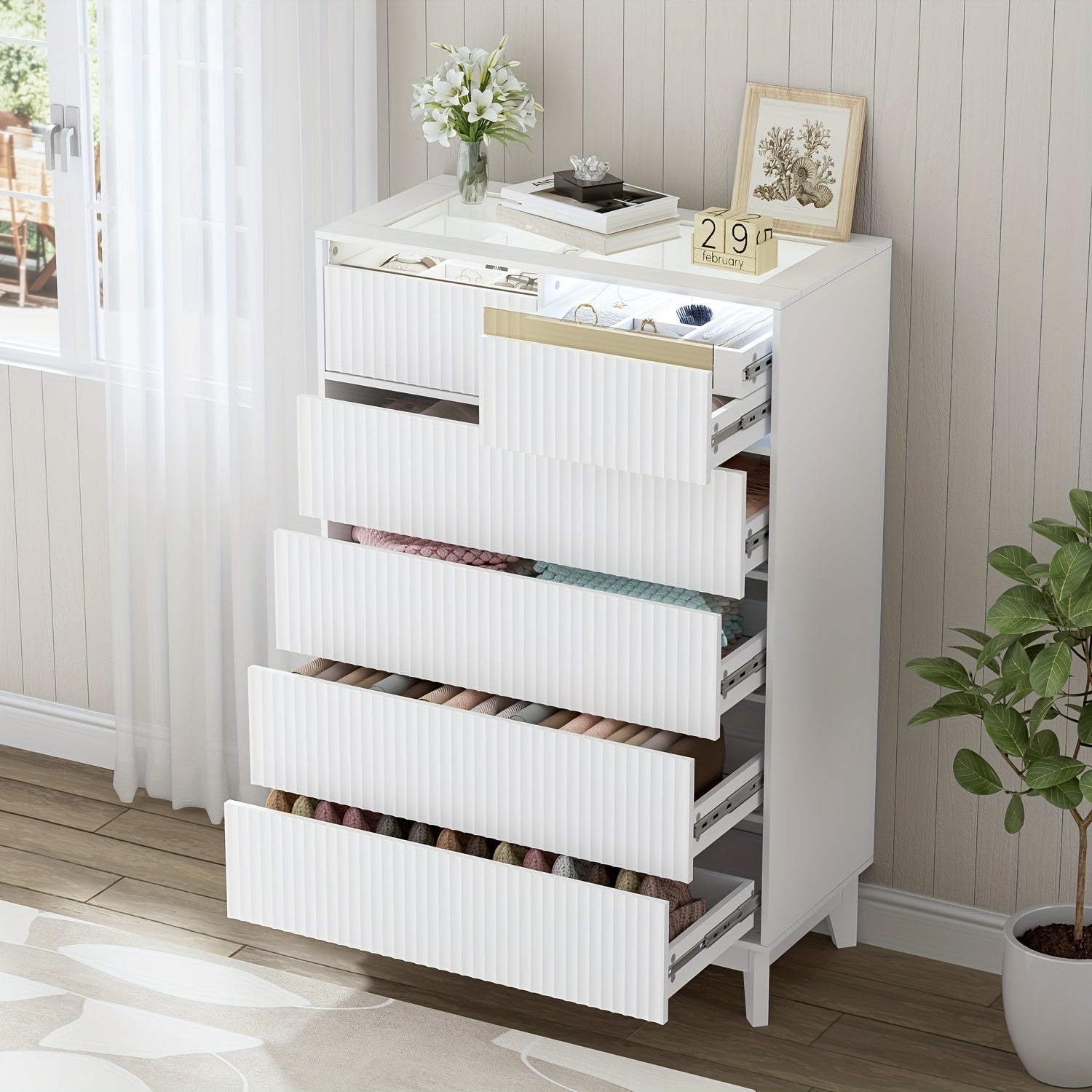 Fluted 6 Drawers Dresser, 120cm Tall Modern Chest Of Drawers, Glass Tabletop Design, Wood Drawer Organizer For Bedroom, Hallway, Entryway, Living Room