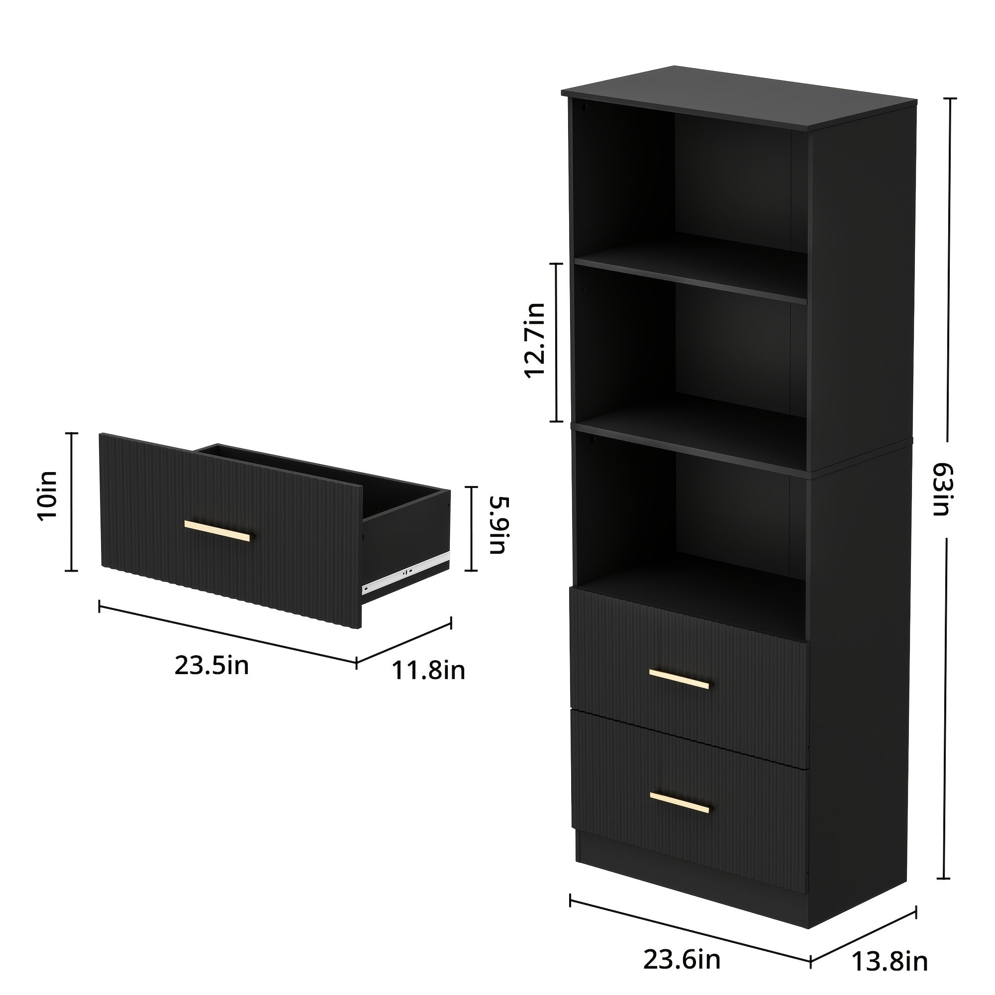 160cm tall bookshelf with 2 drawers, 3-layer modern bookshelf with adjustable shelves, corner open cube shelf, floor display bookshelf, suitable for living room, bedroom, office, white/black/rubber