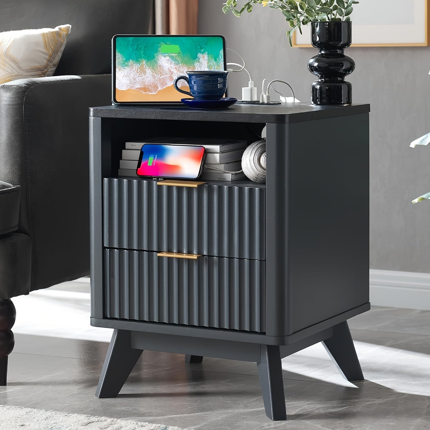 Fluted Nightstand With Charging Station, 45cm Modern Side Table With Faux Marble Top, 2 Drawers End Table W/Storage, Bedside Table For Bedroom, Living Room, Curved Profile Design