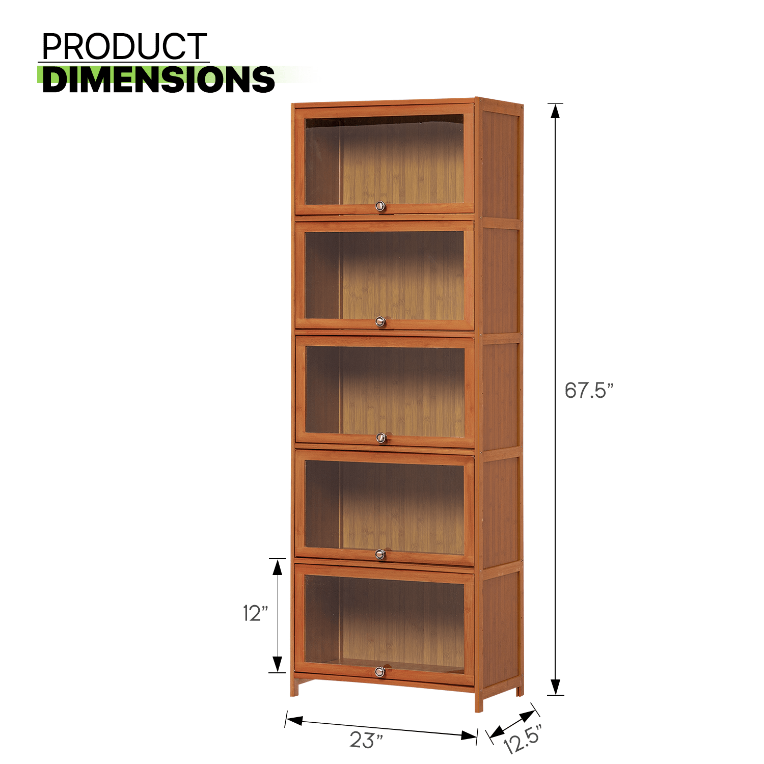 Bamboo Tall 5 Tiers Bookcase, Free Standing Shelf with Acrylic Door, Brown, for Living Room