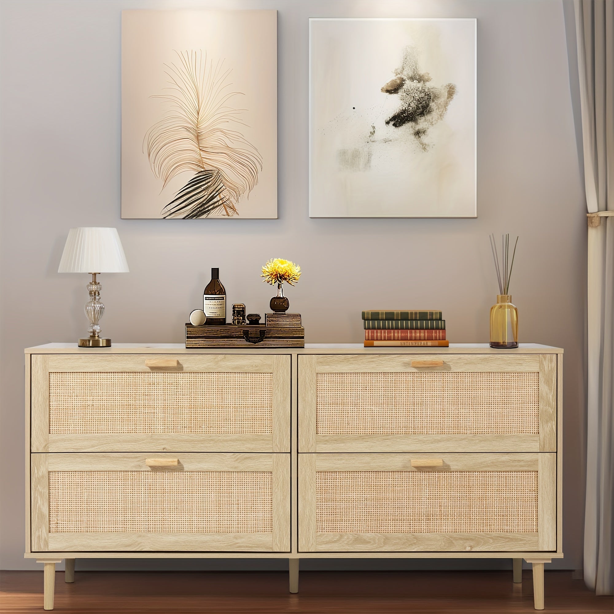 4 Double Drawer Dresser For Bedroom 152cm Widen Wooden Bedroom Dressers With Drawers, Rattan Cane Dresser Modern Chest Of Drawers Wood Oak 4 Drawer Dresser For Bedroom, Hallway, Living Room