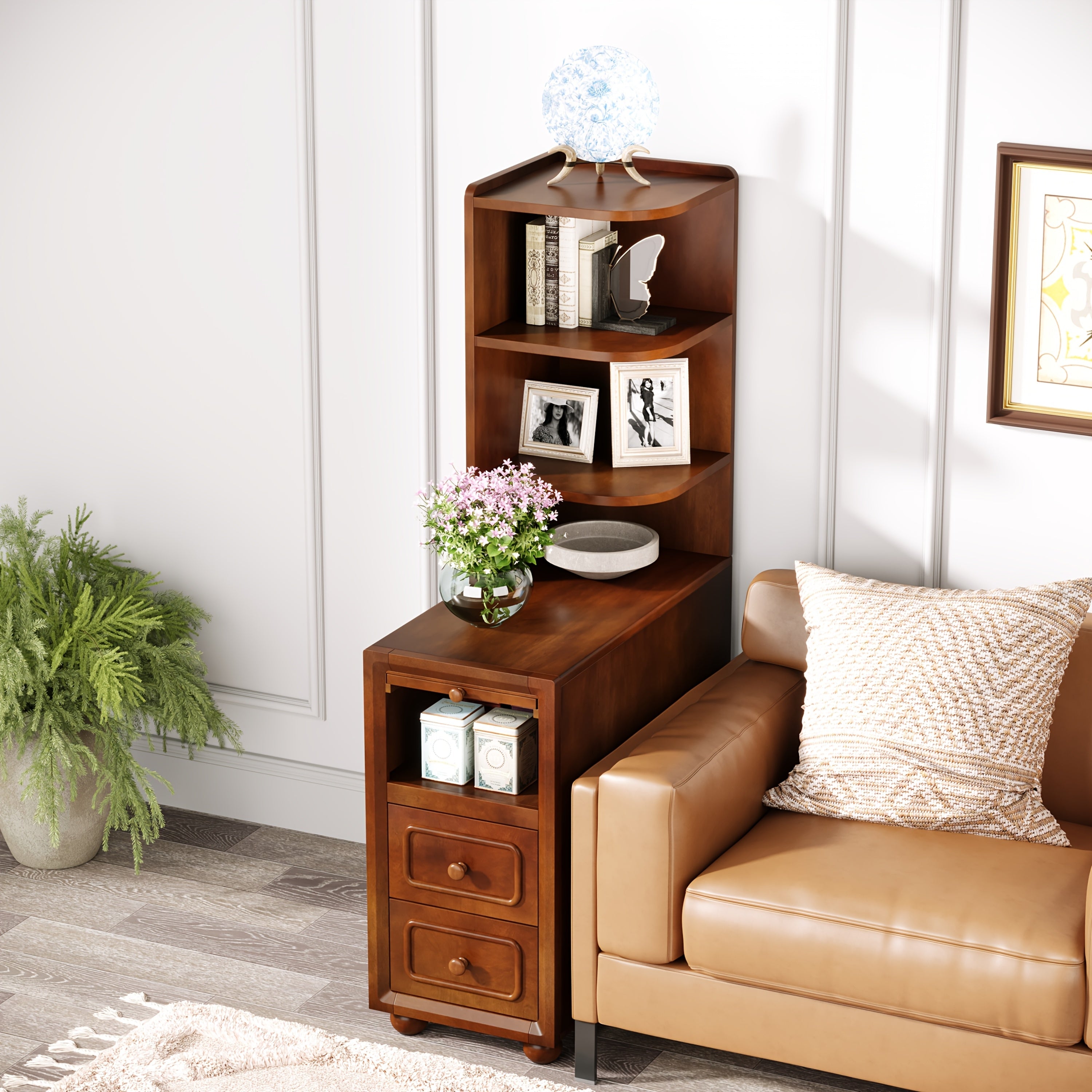 Solid Wood End Table With Drawers And Corner Shelves, Nightstand With Durable And Sturdy Construction, Slim Mid-Century Design Perfect For Small Spaces In Living Room Or Bedroom