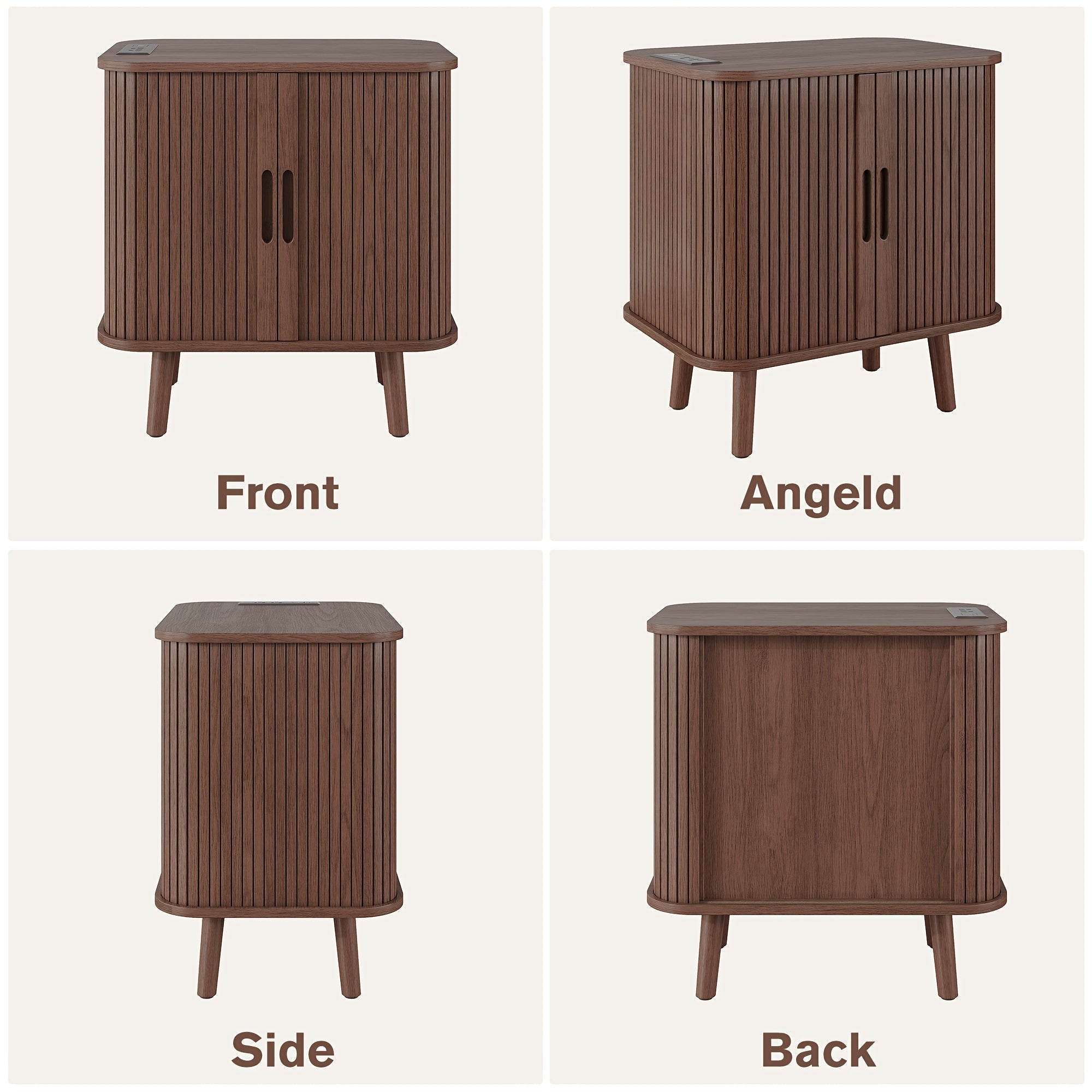 Mid-Century Modern Wood Nightstand with Sliding Doors, Non-Waterproof Solid Wood Bedside Table, with Drawers and Shelves, for Bedroom and Living Room